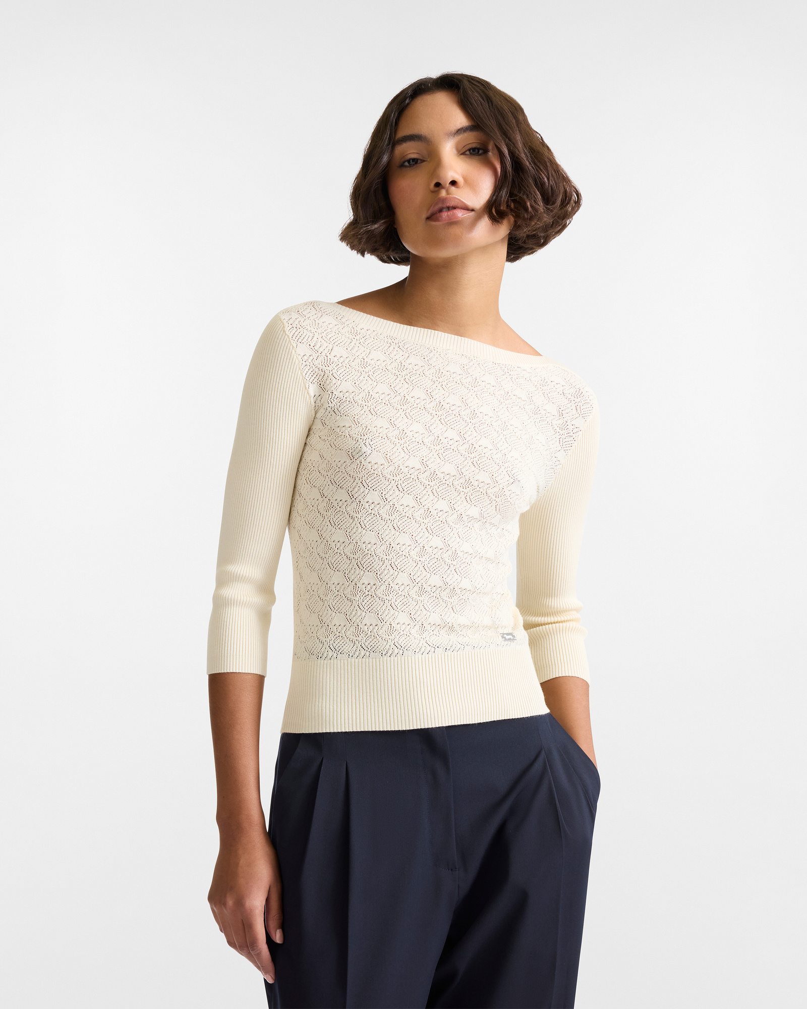 Crew Neck Sweater with Openwork Pattern