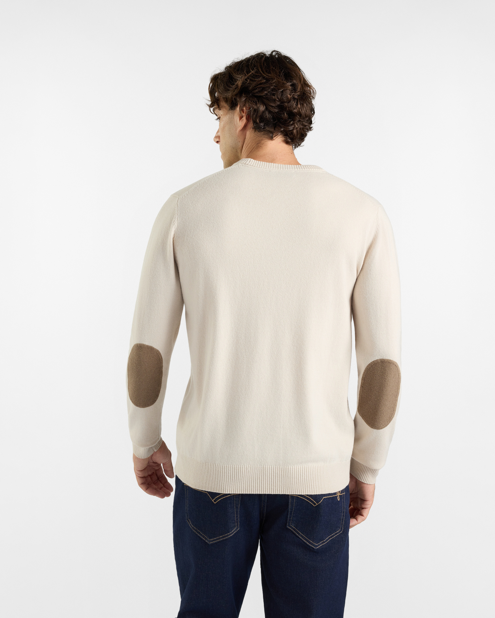 Maglia HBJ Uomo in punto cardato con toppe, girocollo in misto lana e cashmere, BIANCO, large