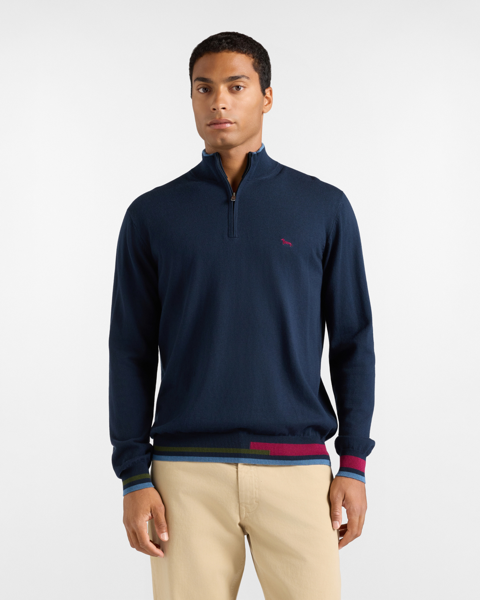 Maglia Uomo con collo alto half zip in misto lana e cotone blu Regular Fit