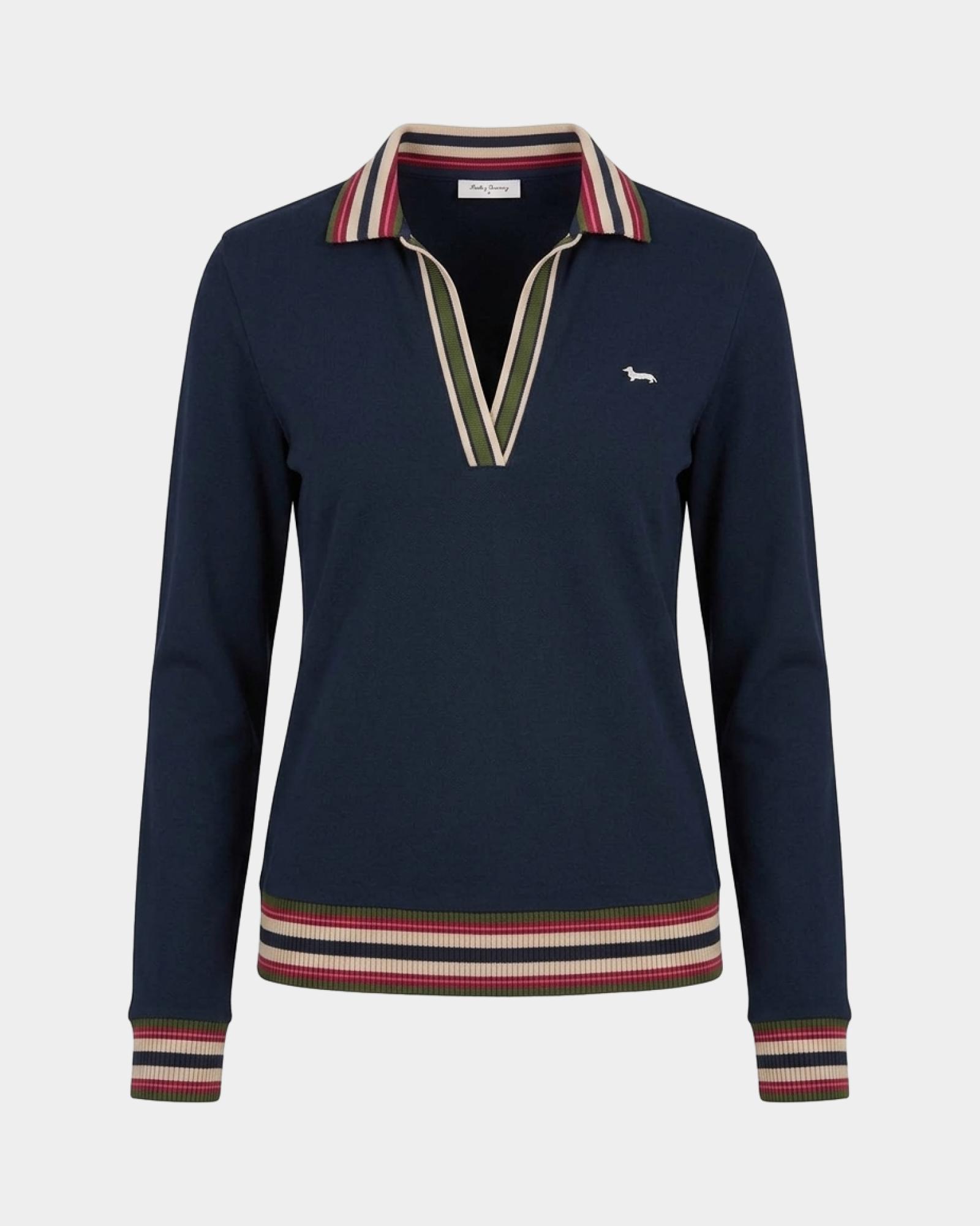 Women's long-sleeve stretch cotton polo shirt with V-neck, BLUE, large