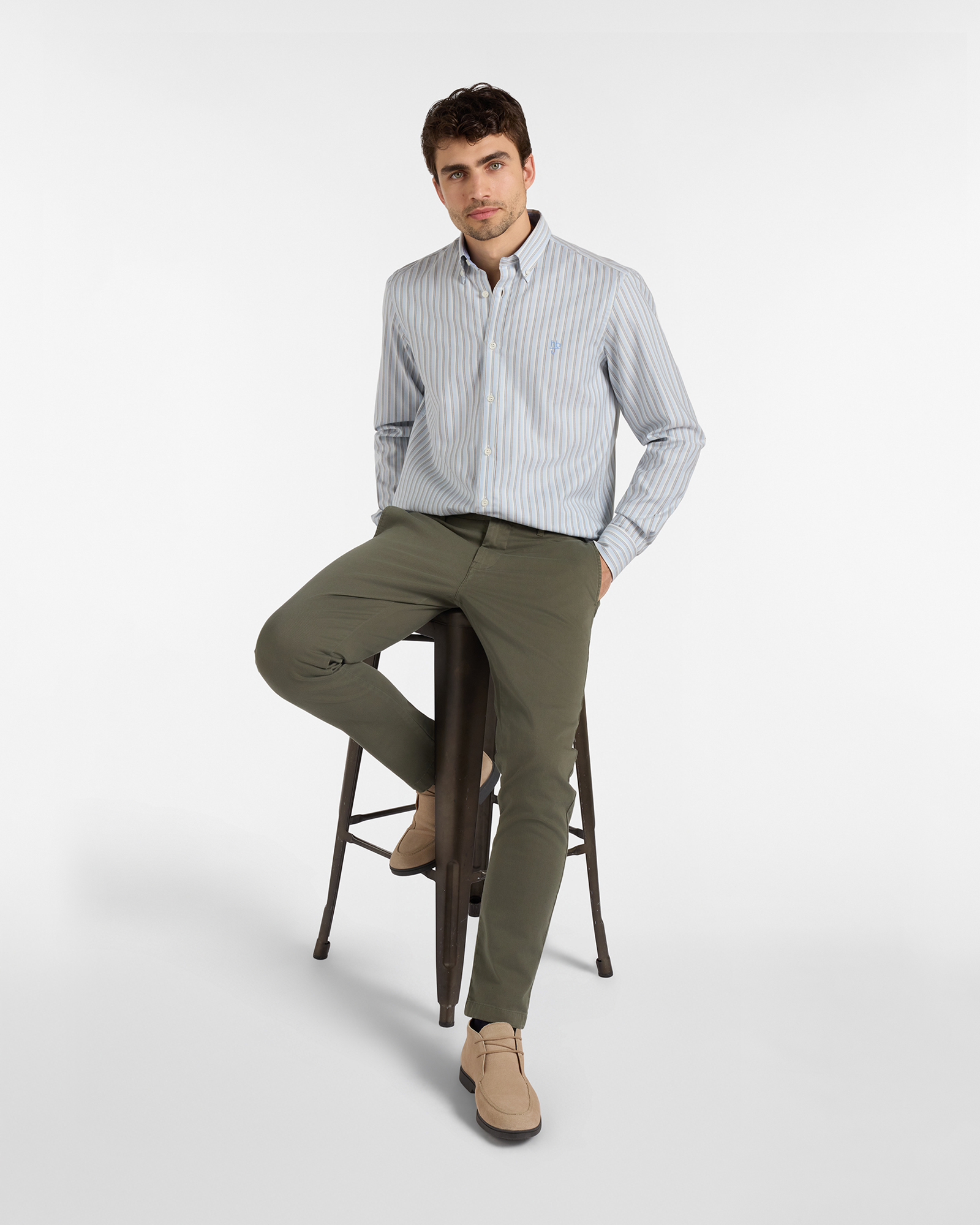Pantalone Chino HBJ Uomo Narrow Fit in Cotone Stretch Dobby, VERDE, large