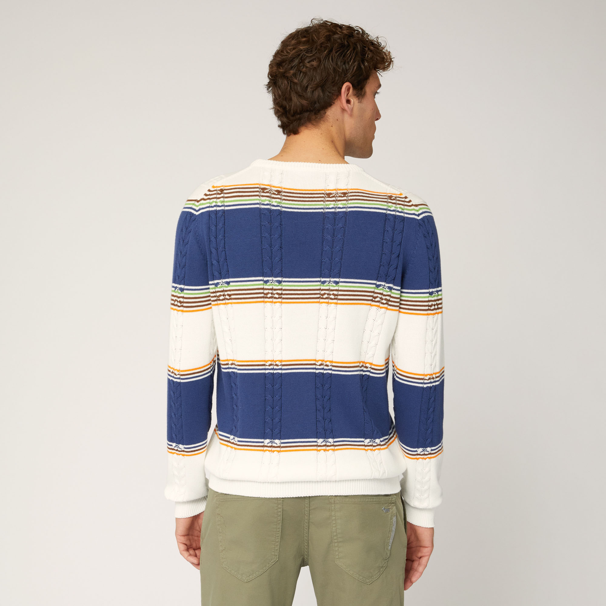 0090~Crew Neck Wool and Cashmere Pullover with Horizontal Stripes