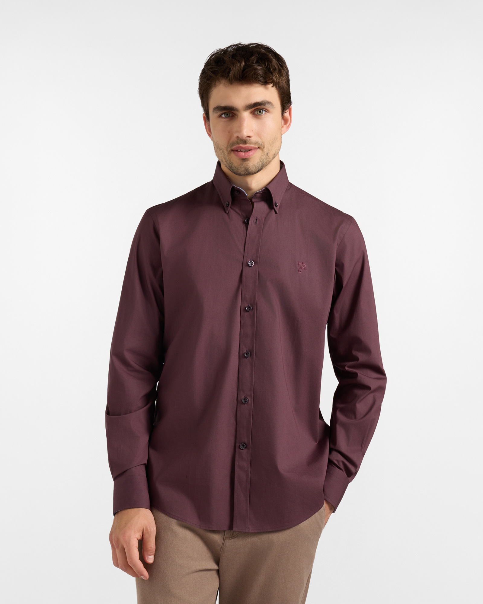HBJ Men&rsquo;s Regular Fit Shirt with Monte Carlo Collar in Bordeaux Stretch Cotton