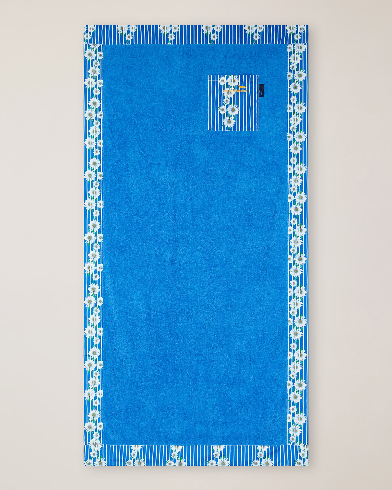 Beach Towel with Stripes and Daisies, Light Blue, large