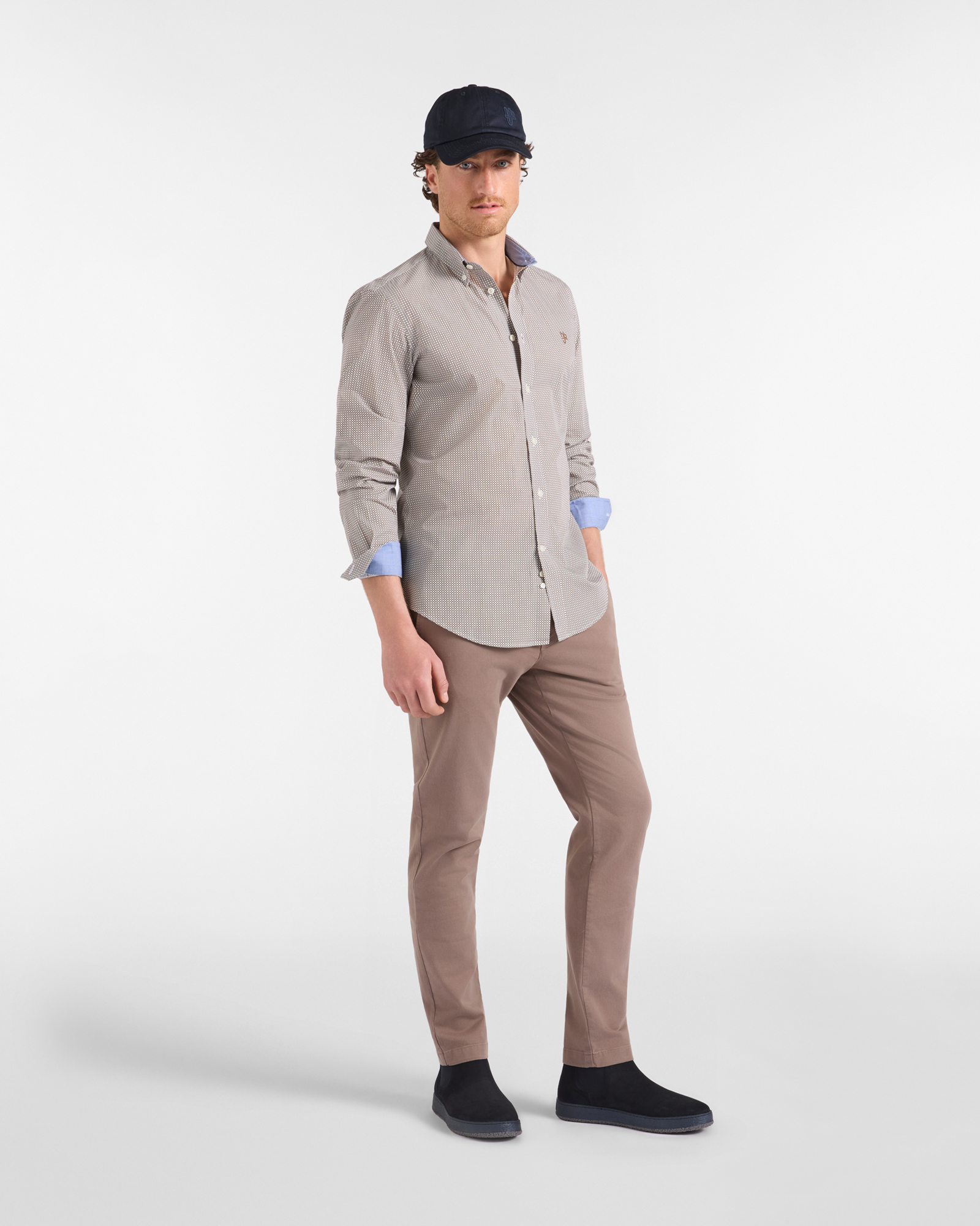 Camicia HBJ Uomo Narrow Fit in puro cotone con microstampa e collo Montecarlo, BIANCO, large