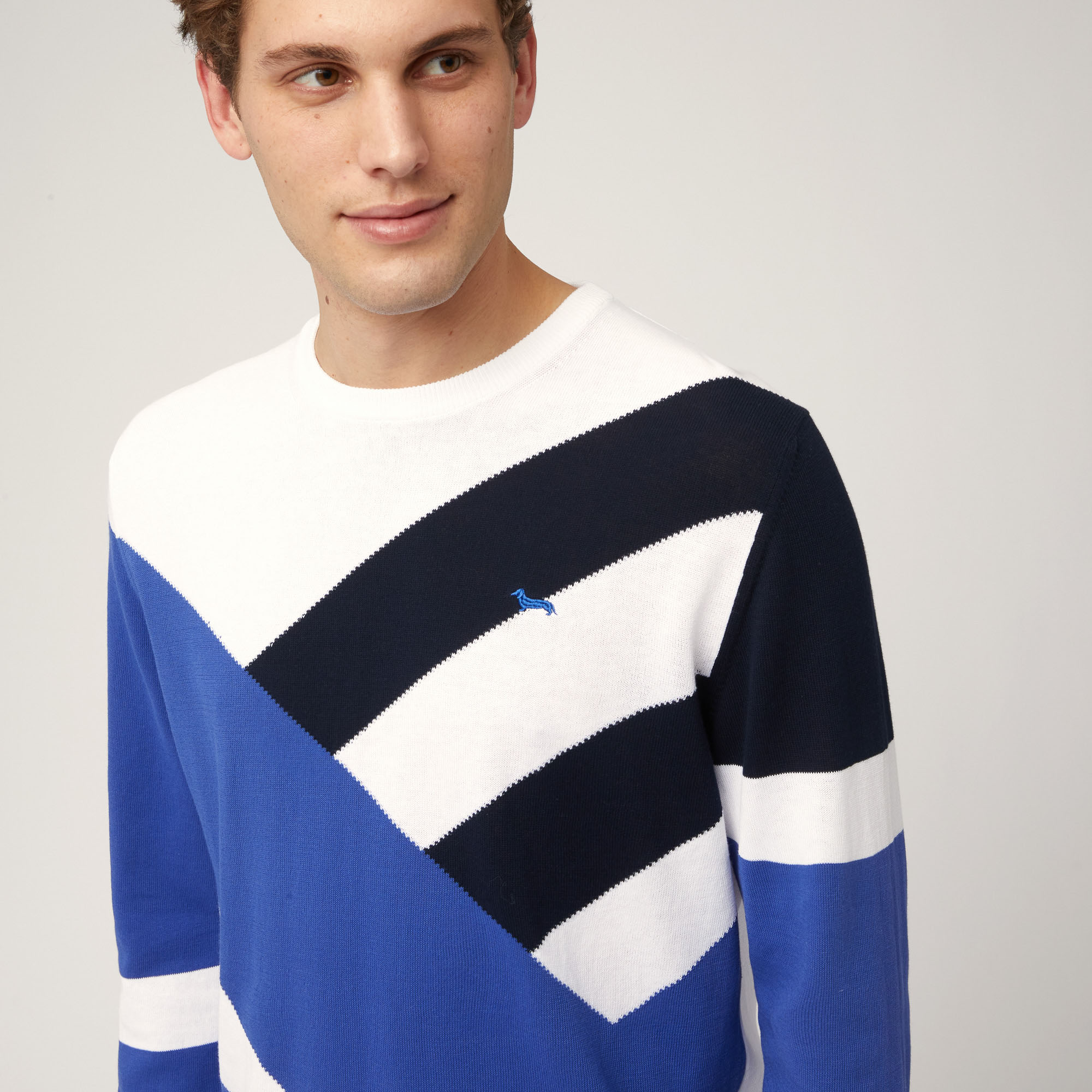 Cotton Crepe Crew Neck Pullover with Transverse Stripes, Blue, large image number 2