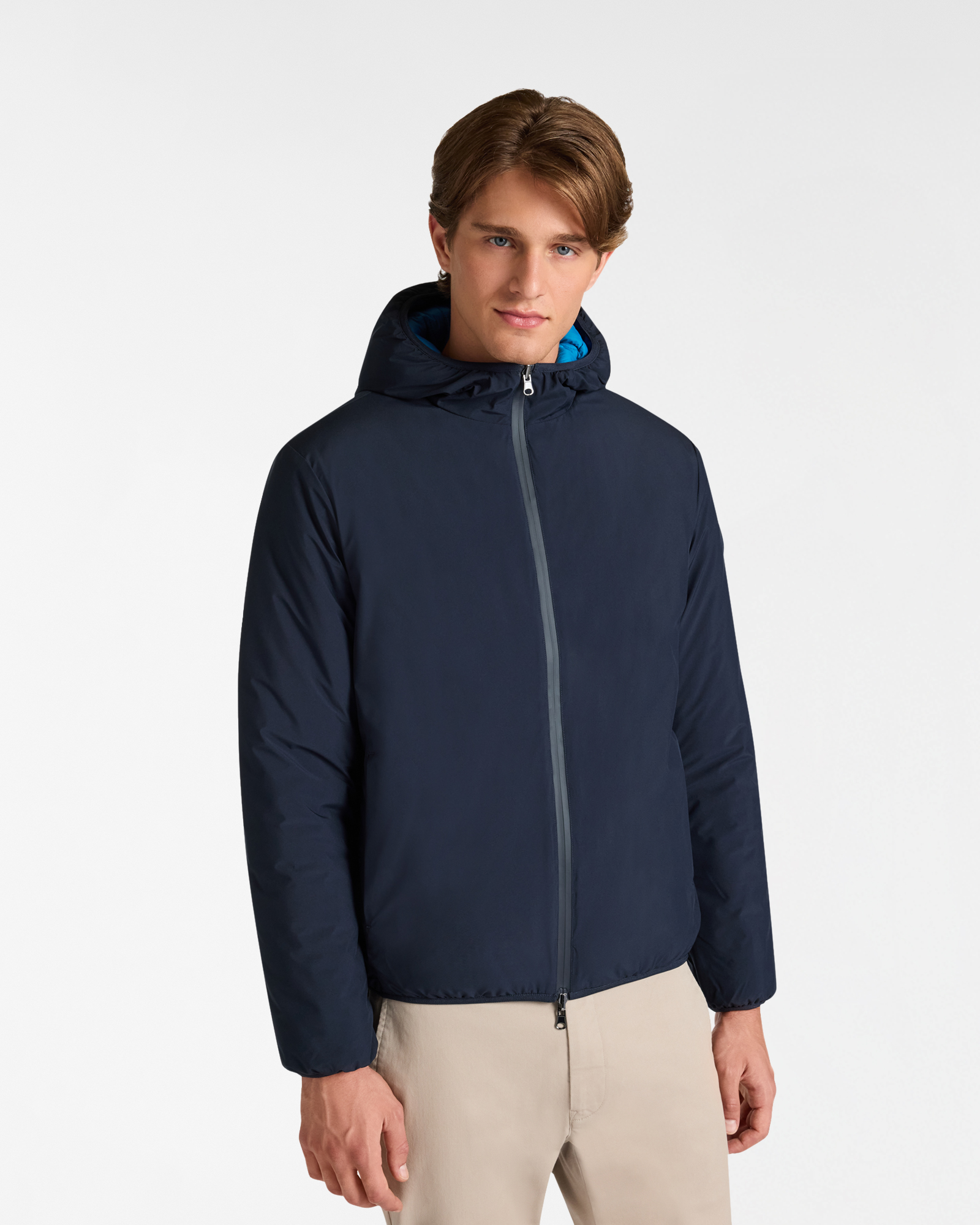 Double-Faced Padded Jacket with Hood, Dark Blue, large