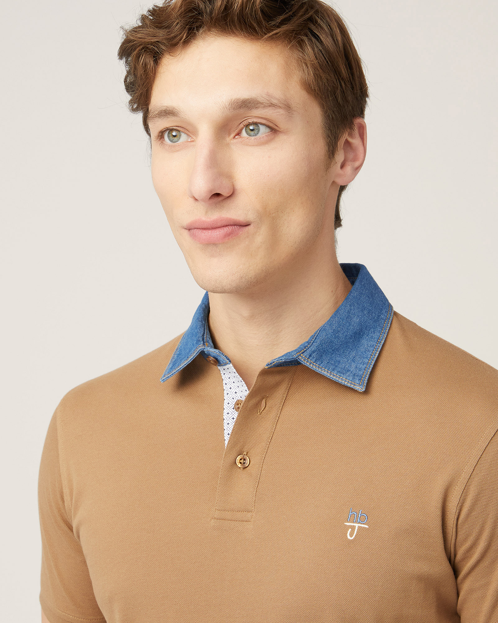 Polo-Shirt with Denim Collar, Light Brown, large image number 2