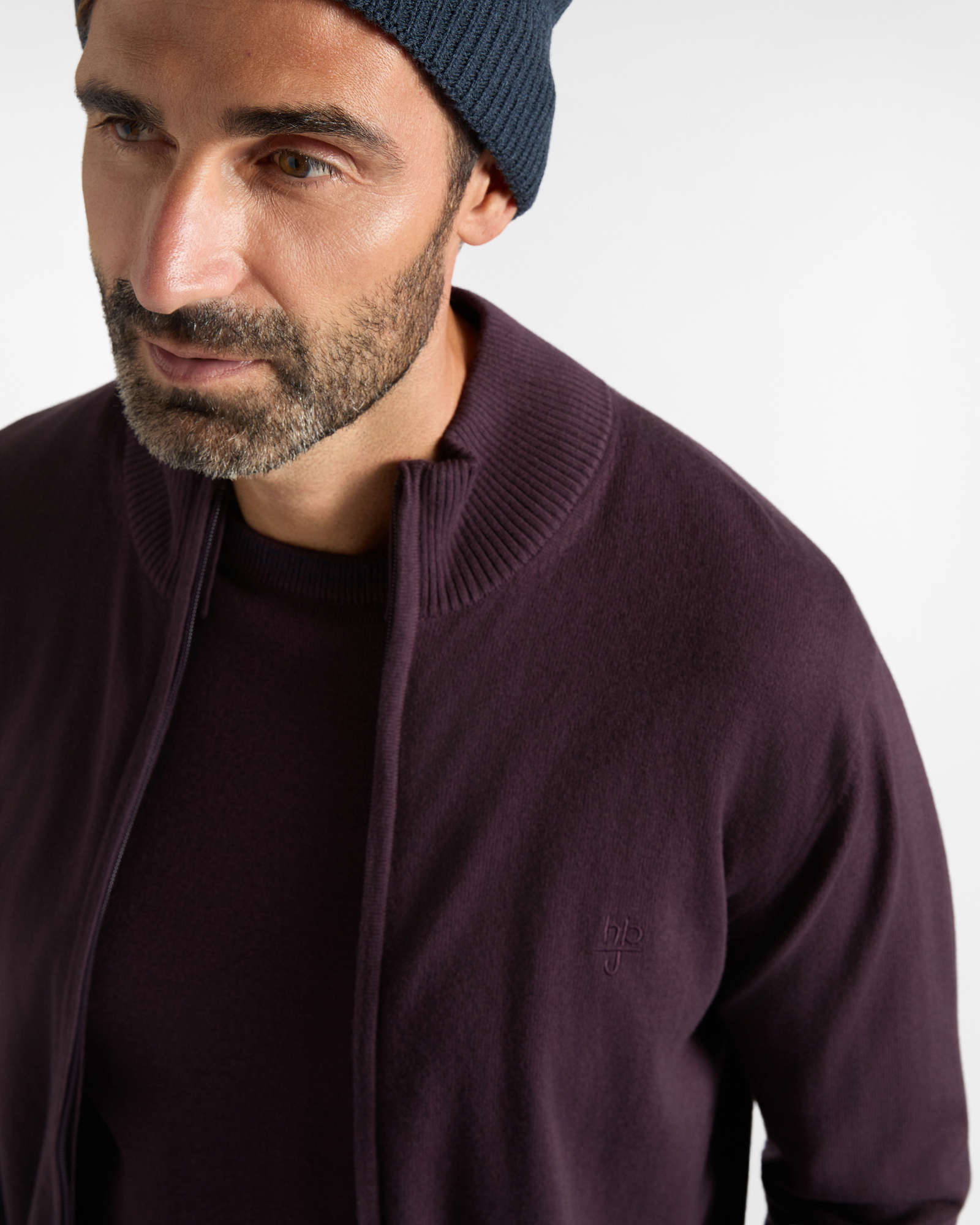 Maglia HBJ Uomo Full Zip in Misto Lana e Cashmere, PRUGNA, large