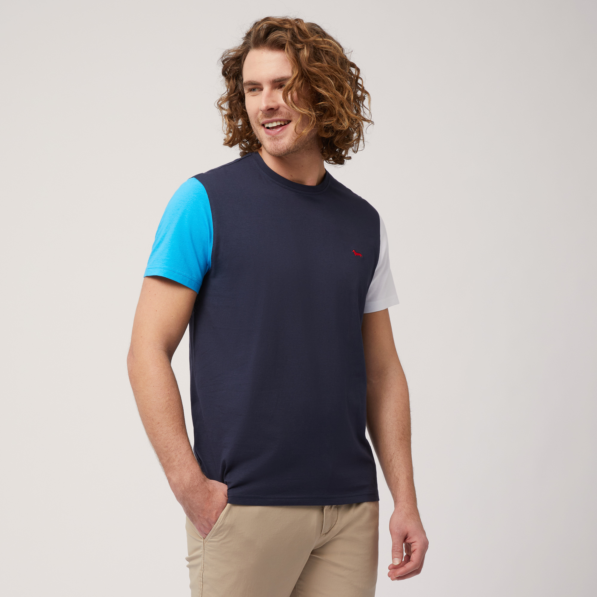 Camiseta de algodón con bloques de color, Azul, large