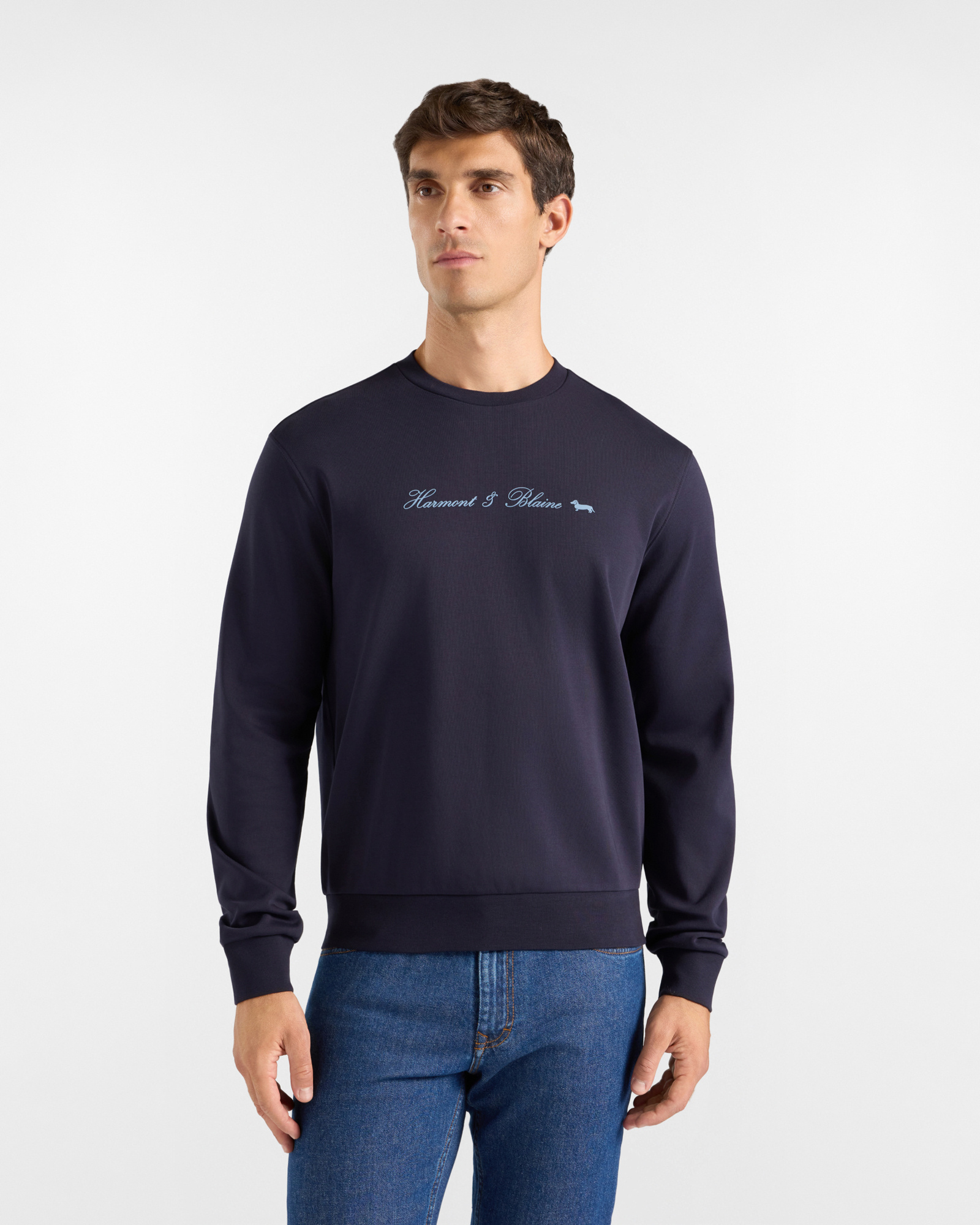 Men's blue pure cotton crewneck sweatshirt with embossed logo