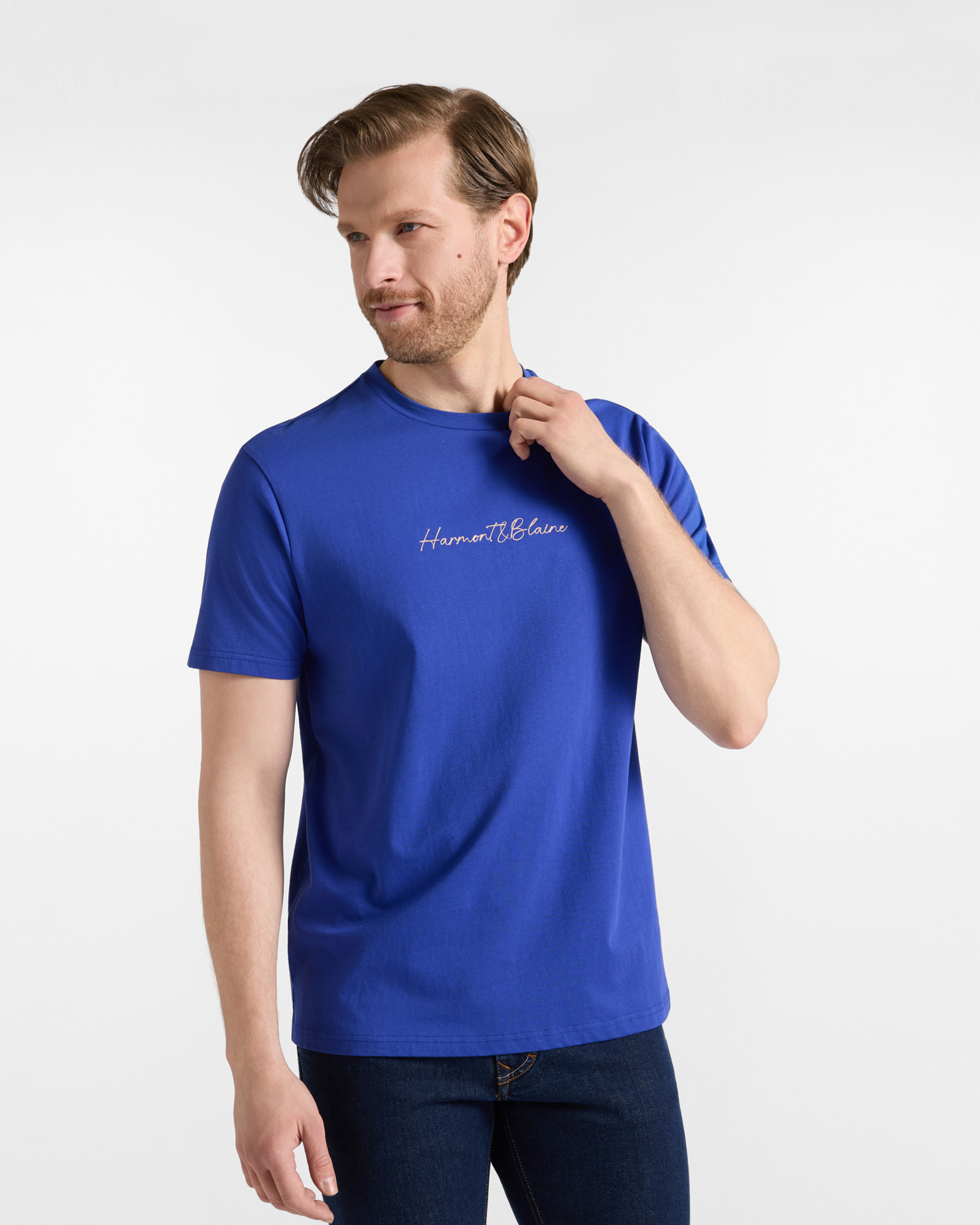 Camiseta de hombre de 100 % puro algod&oacute;n azul de corte regular