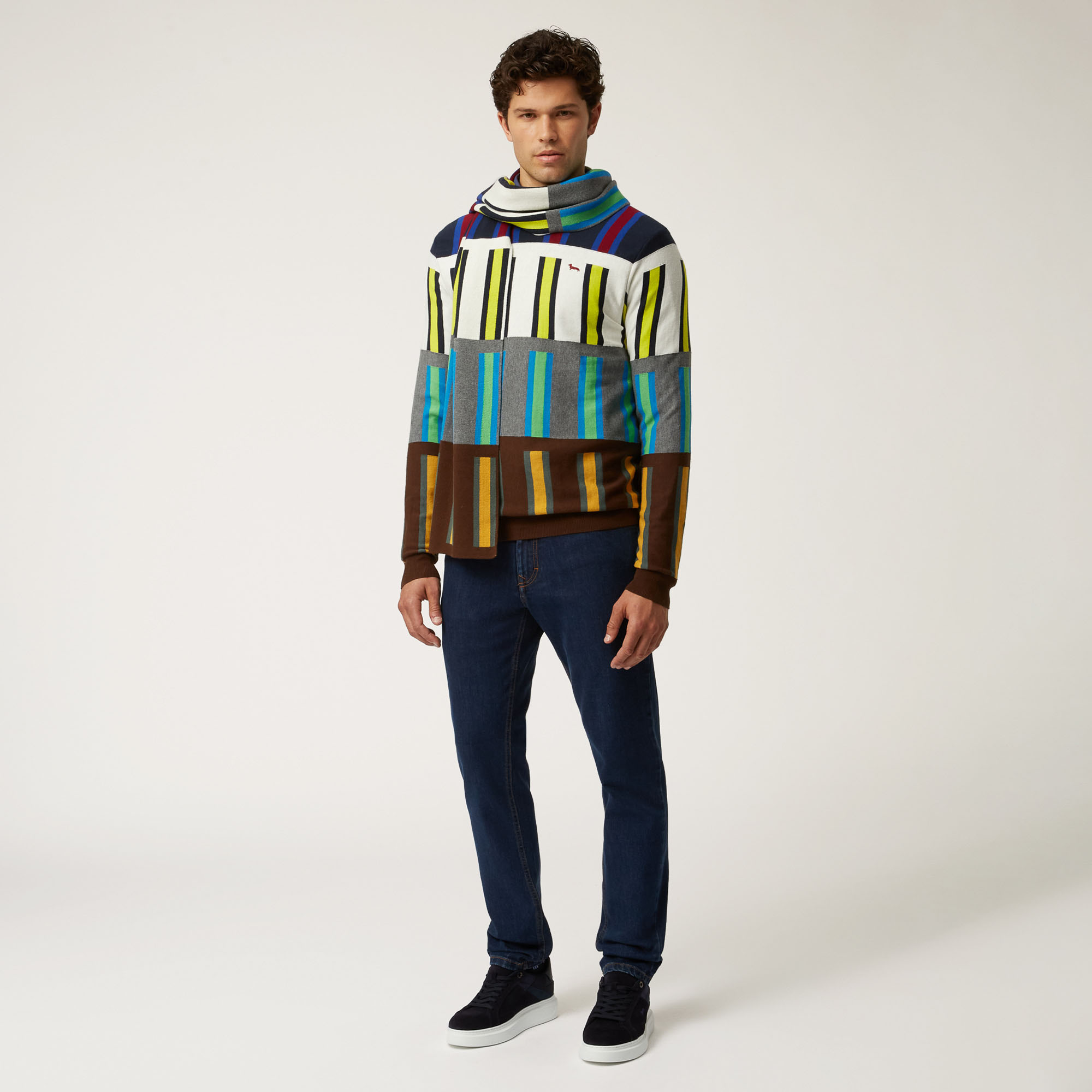 Pullover Girocollo In Cotone E Lana A Strisce Verticali, Blu Navy, large image number 3