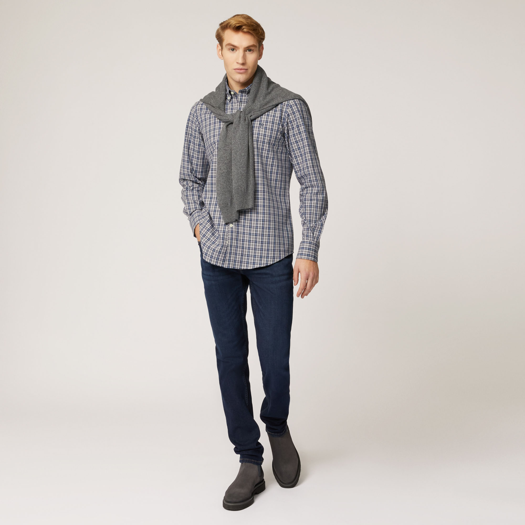 Camicia Con Motivo A Quadri  In Cotone, Grigio Acciaio, large image number 3