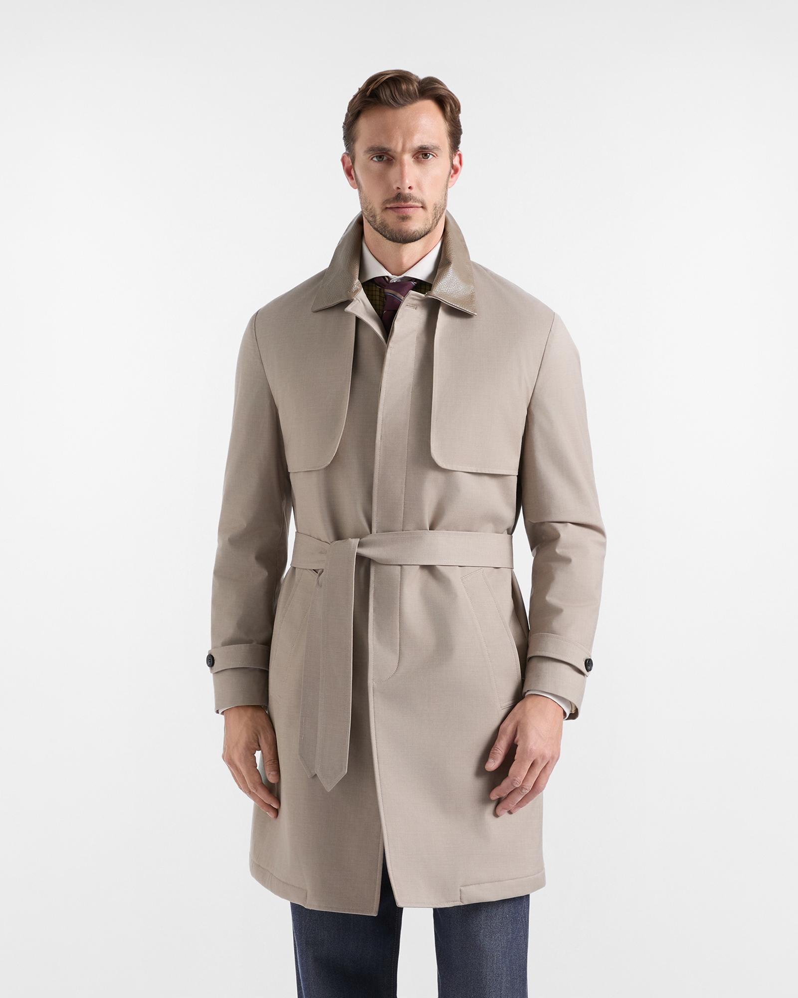 Men&rsquo;s Trench Coat with Genuine Leather Collar in Beige