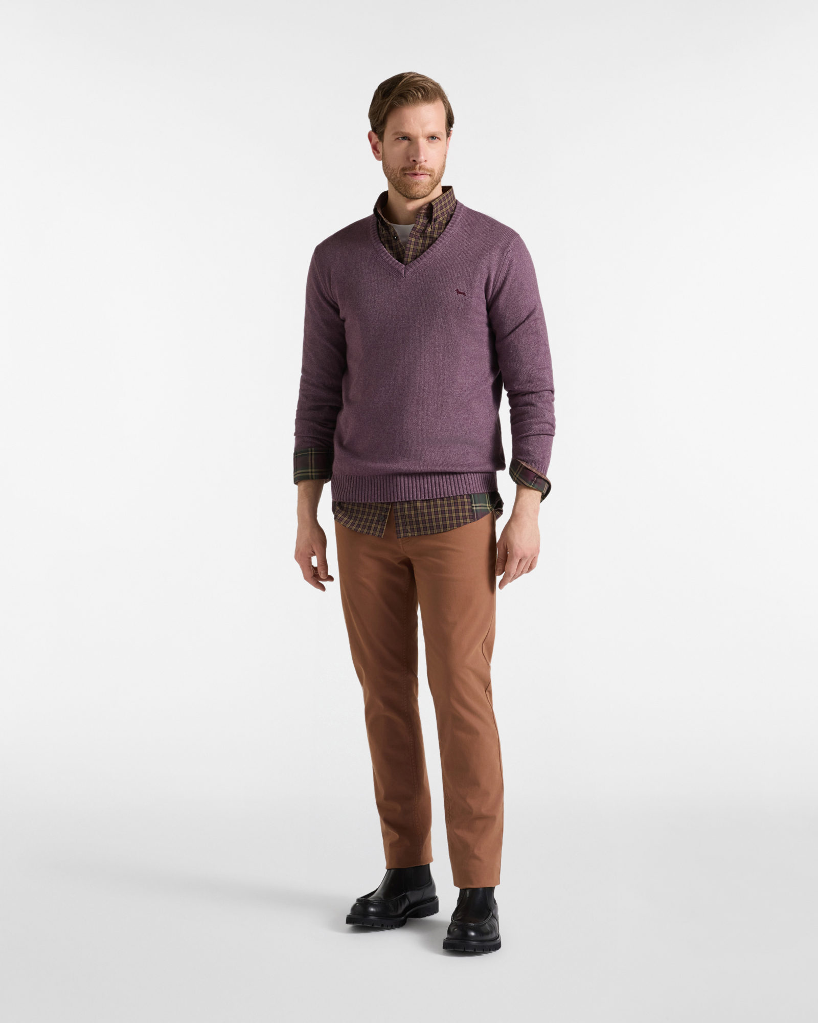 Jersey Hombre con cuello de pico en mezcla de lana Regular Fit Made in Italy, MORADO OSCURO, large