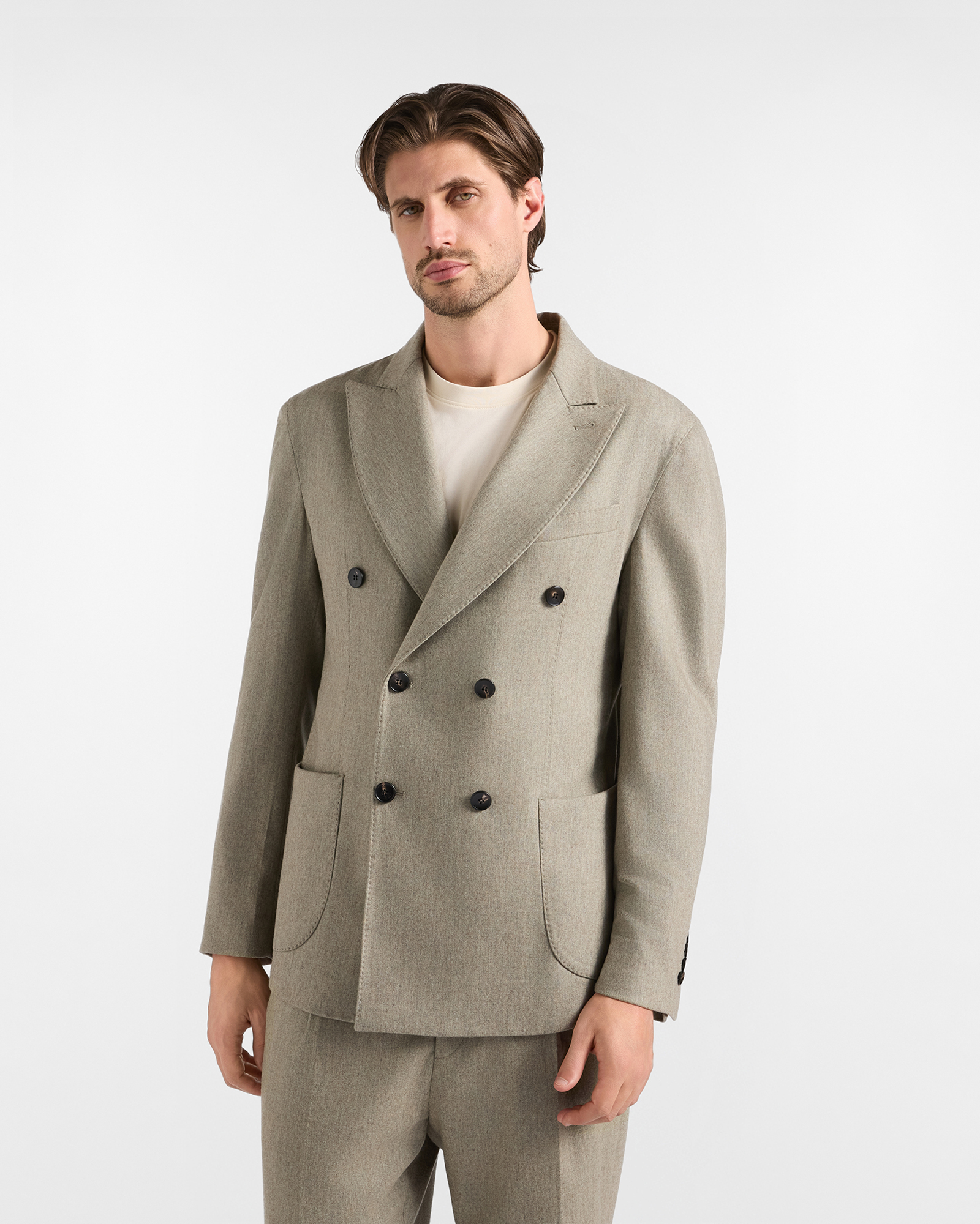 Men&rsquo;s double-breasted jacket in beige wool and cashmere blend flannel &ndash; Capsule Quality in Colours