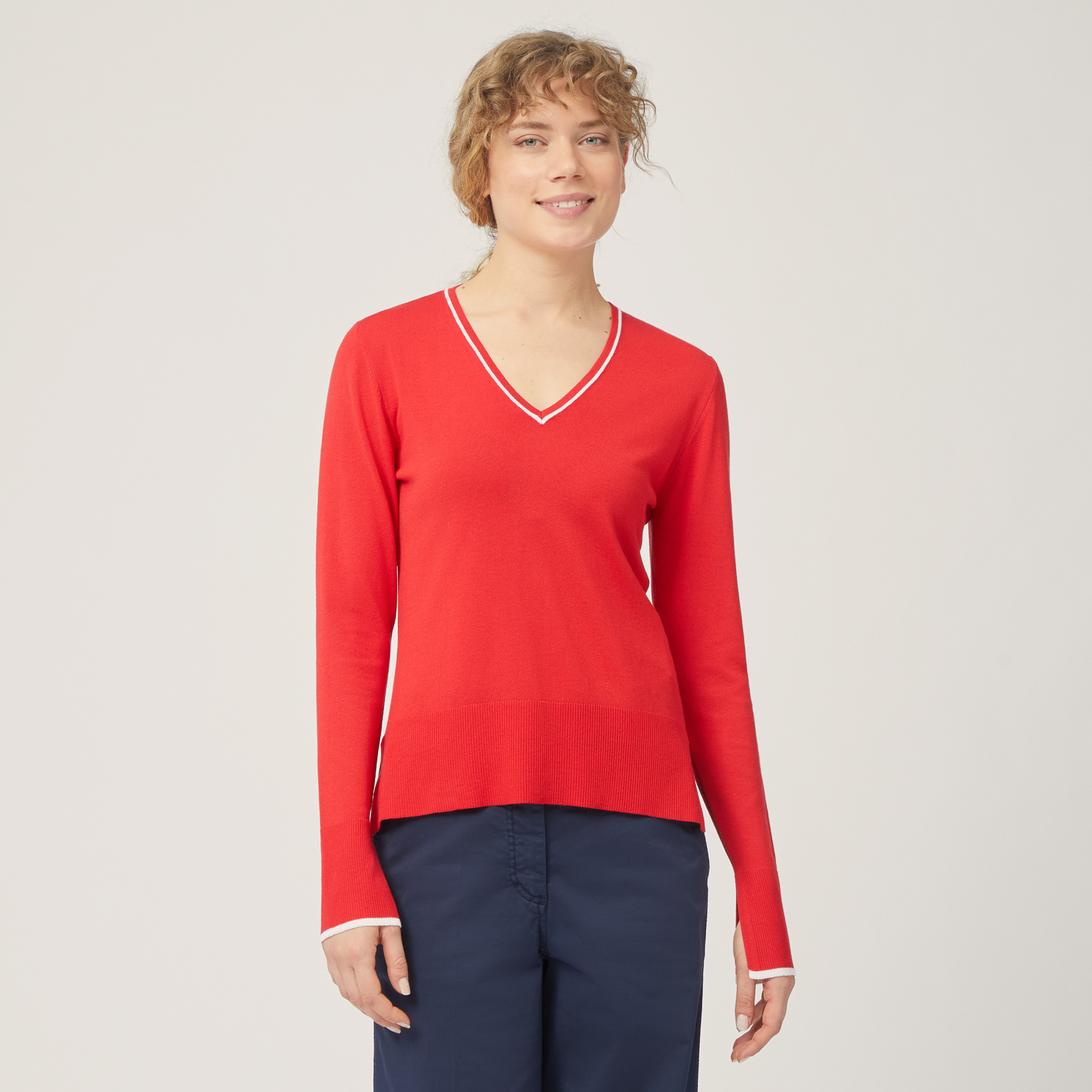 Pullover Slim In Misto Viscosa, Rosso Chiaro, large