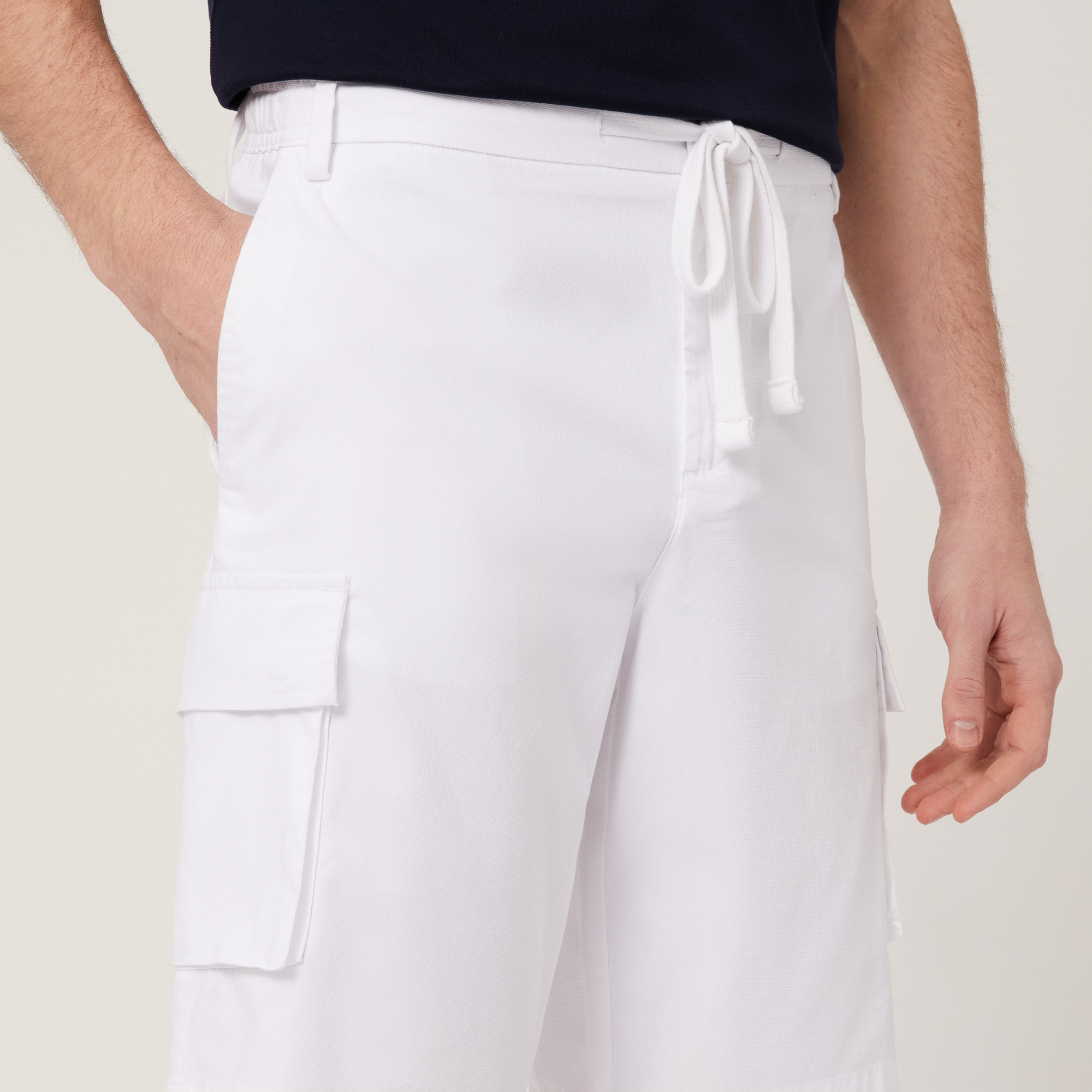 Stretch Cotton Cargo Bermuda Shorts, White, large image number 2