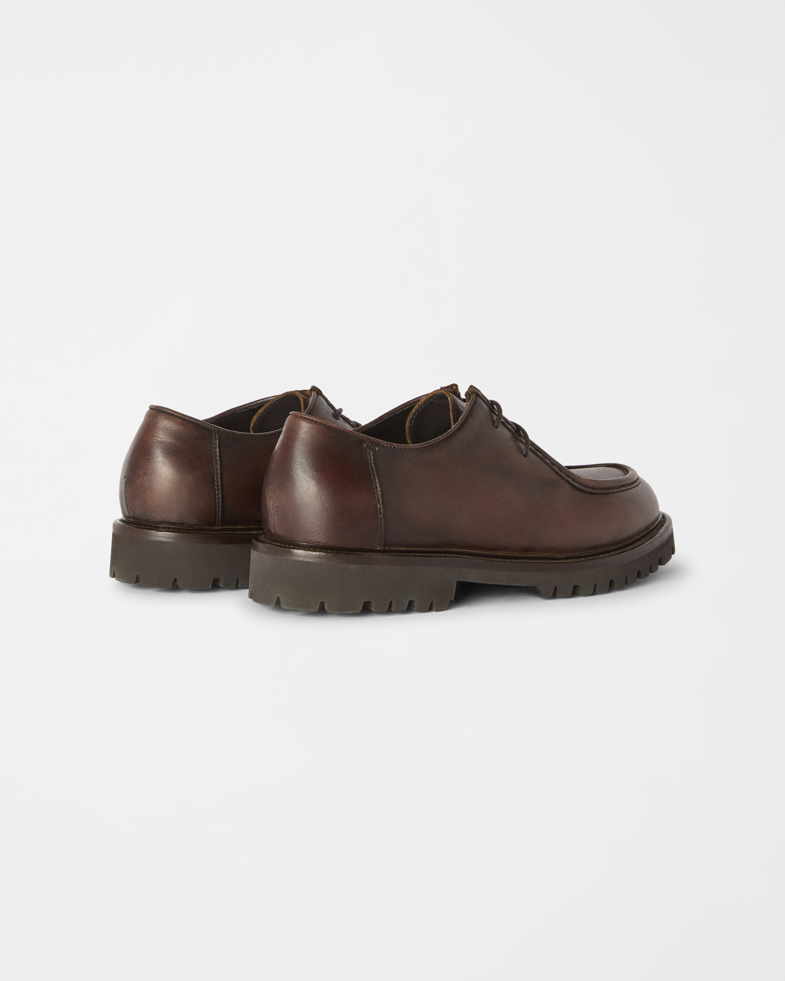 Men&rsquo;s derby shoe in pre-faded leather with loafer-style stitched toe, DARK BROWN, large