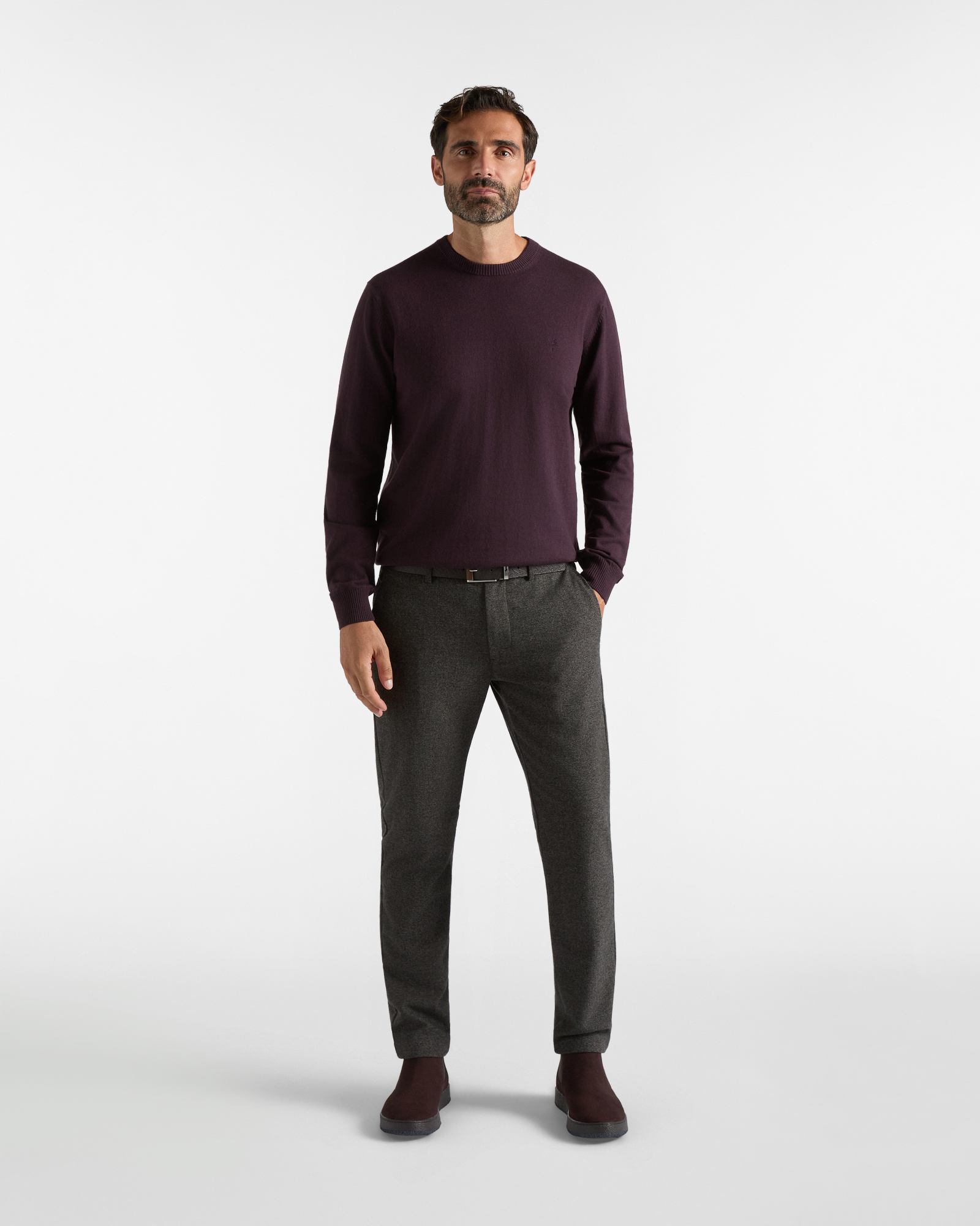 Maglia girocollo HBJ Uomo basico in misto lana e cashmere, PRUGNA, large