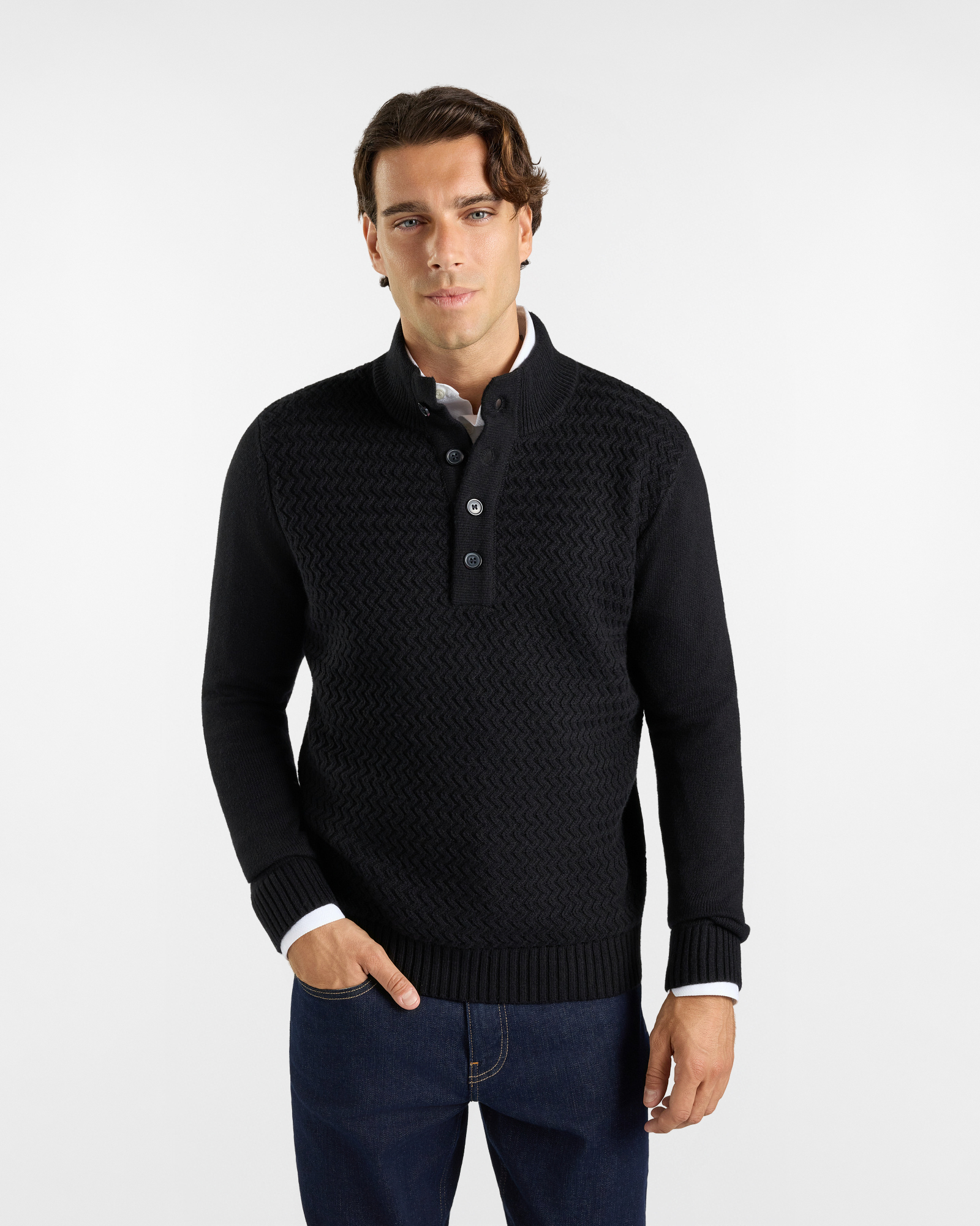 Maglia HBJ Uomo con Collo Alto e Finta Bottonata in Misto Mohair Nero