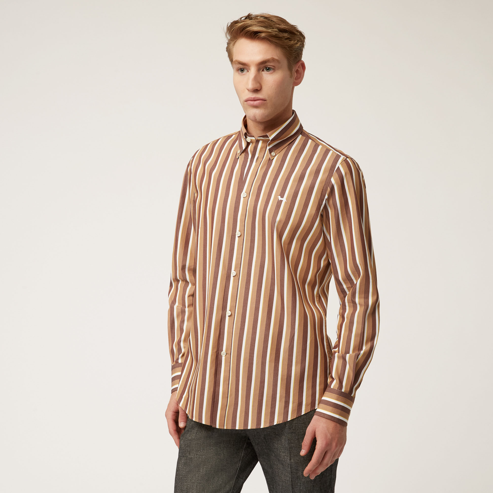 Tone-On-Tone Striped Organic Cotton Shirt, Beige, large image number 0