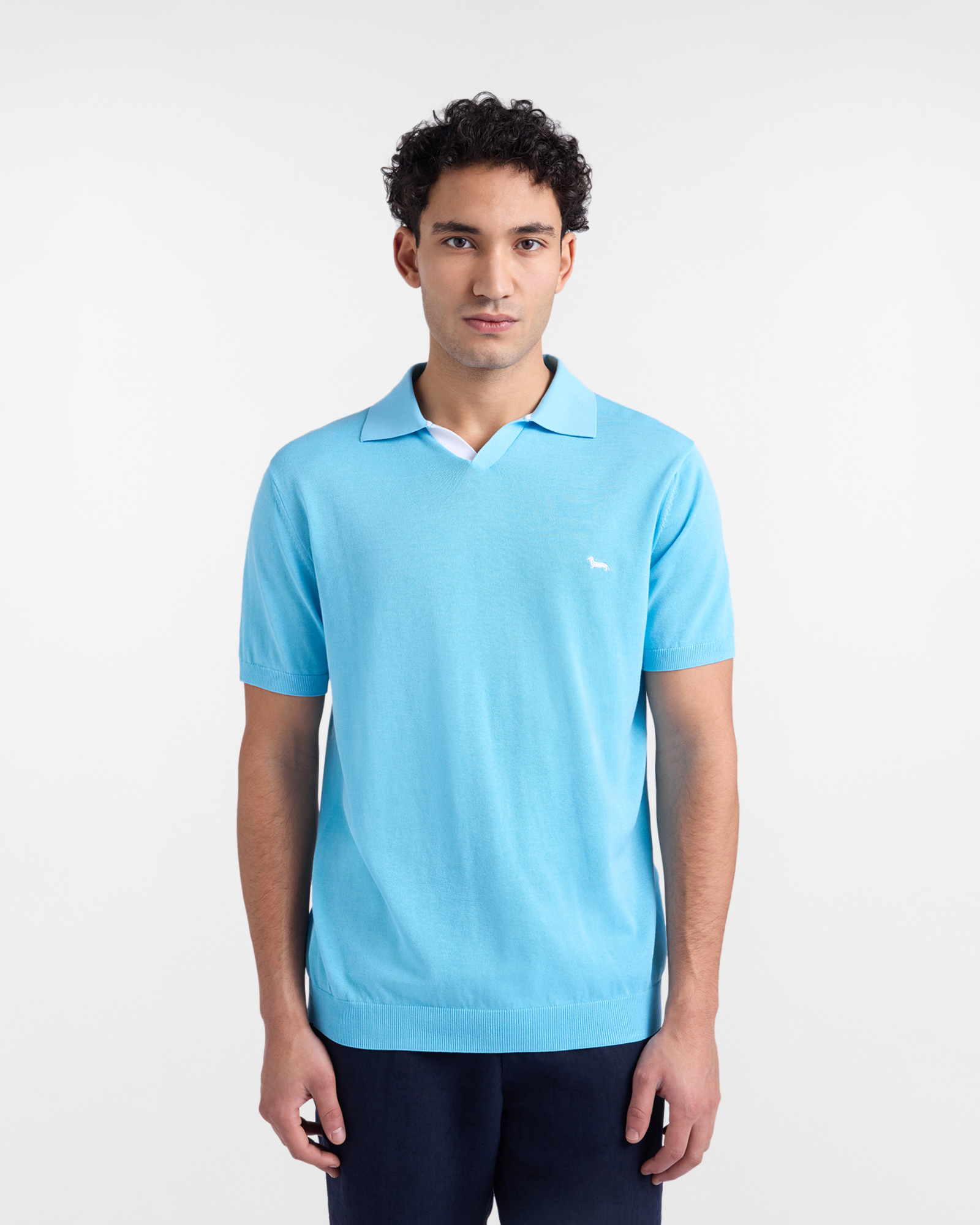V-neck knit polo shirt, Blue, large