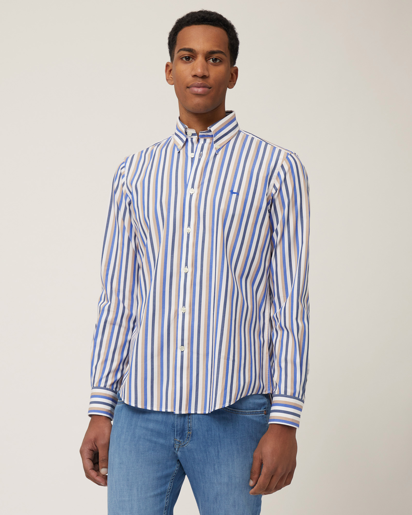 Camicia A Righe Multicolor, Beige, large