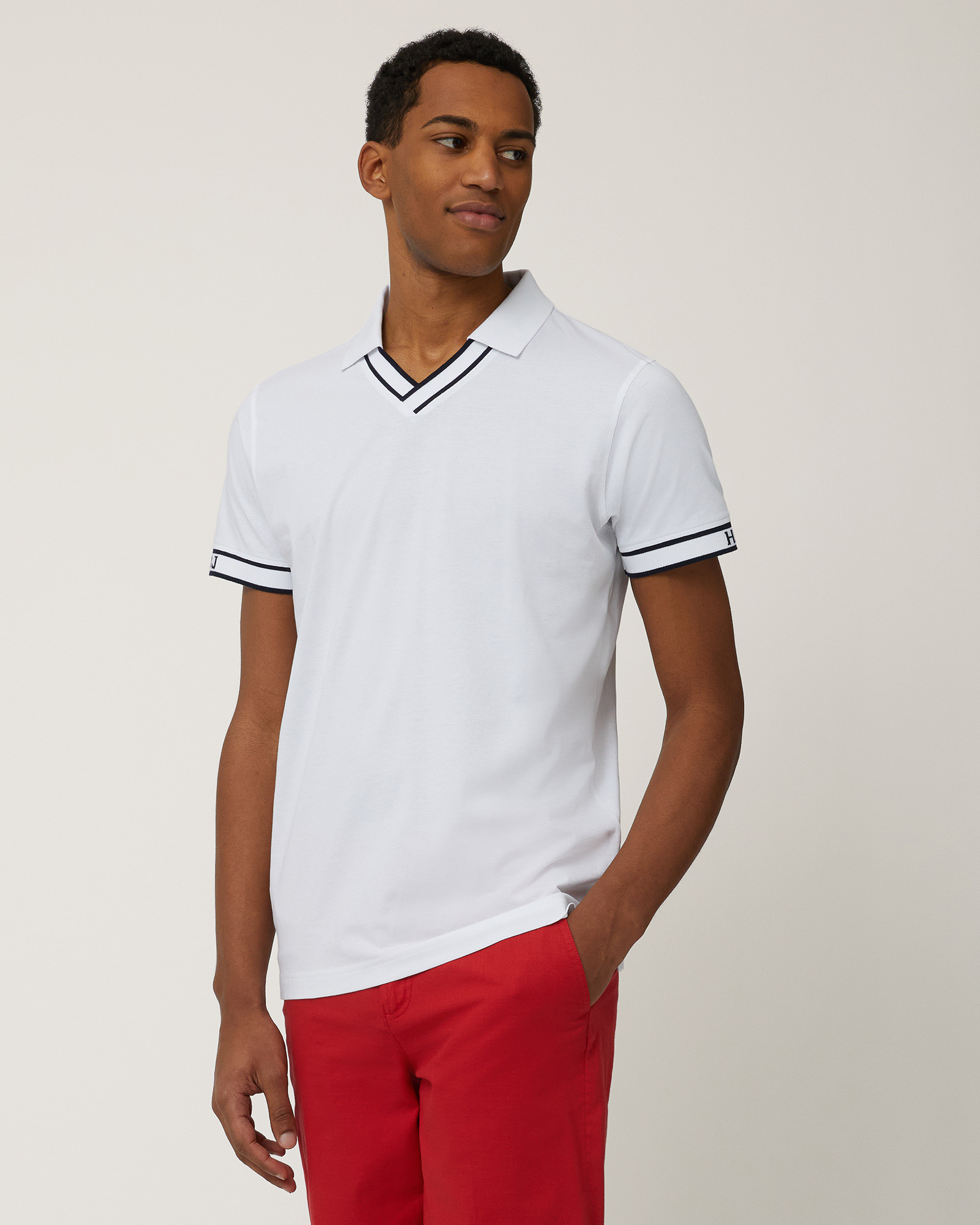 Polo Con Bordi Jacquard, Bianco, large