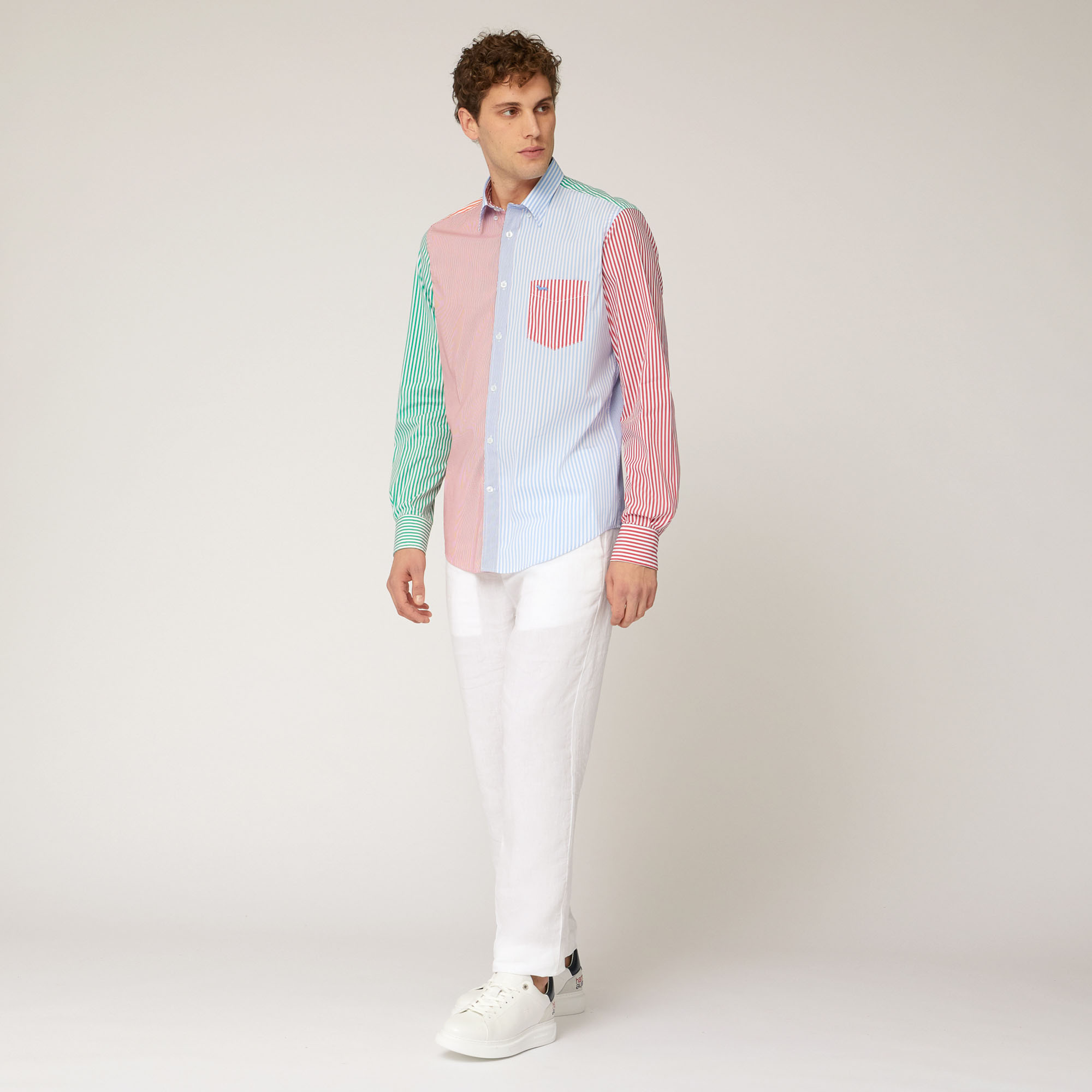 Camisa de algodón elástico a rayas con patchwork y bolsillo, Azul Eléctrico, large image number 3
