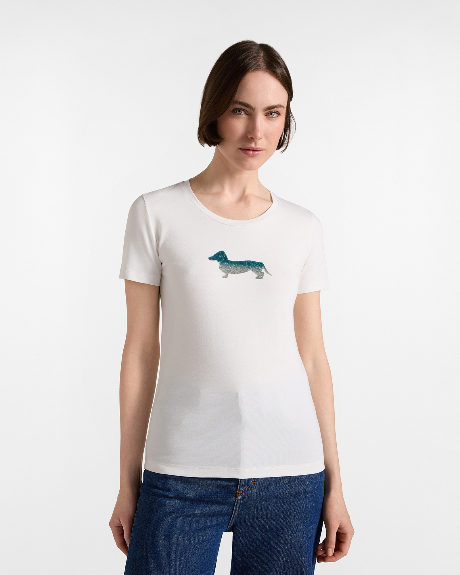 Women's white stretch cotton T-shirt with glitter maxi dachshund