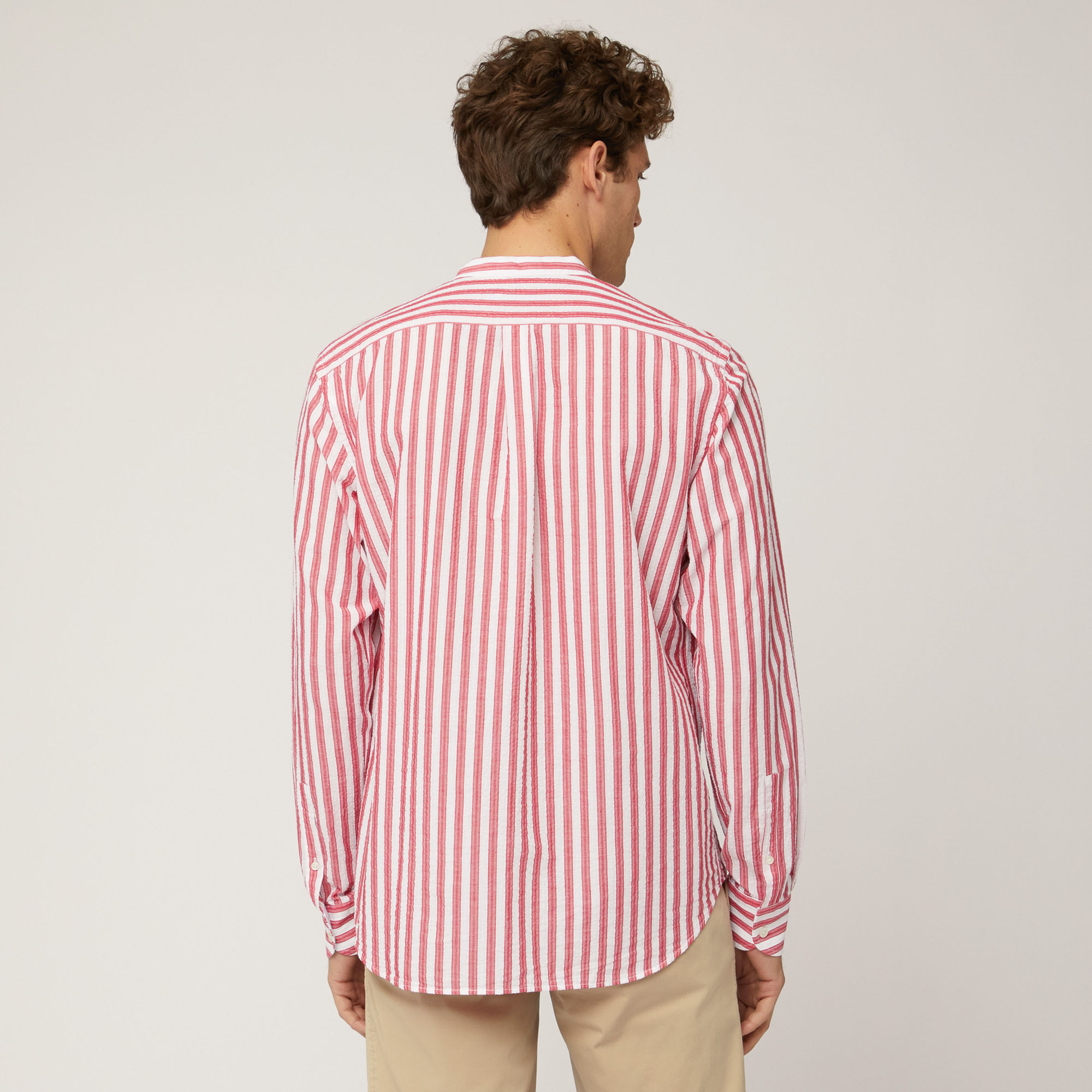 Linen and Cotton Striped Shirt with Mandarin Collar, Light Red, large image number 1