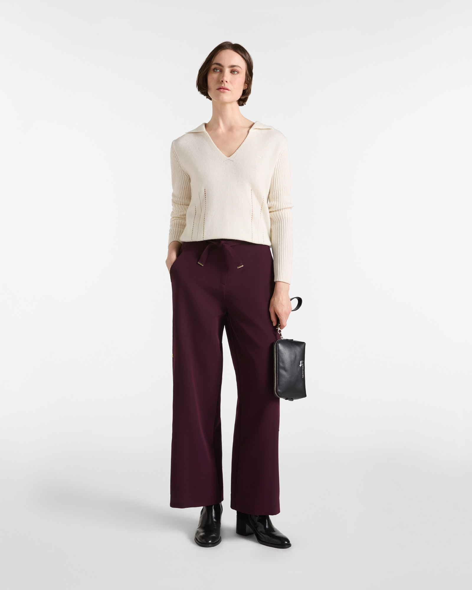 Women's polo collar sweater  wool blend with cashmere, WHITE, large