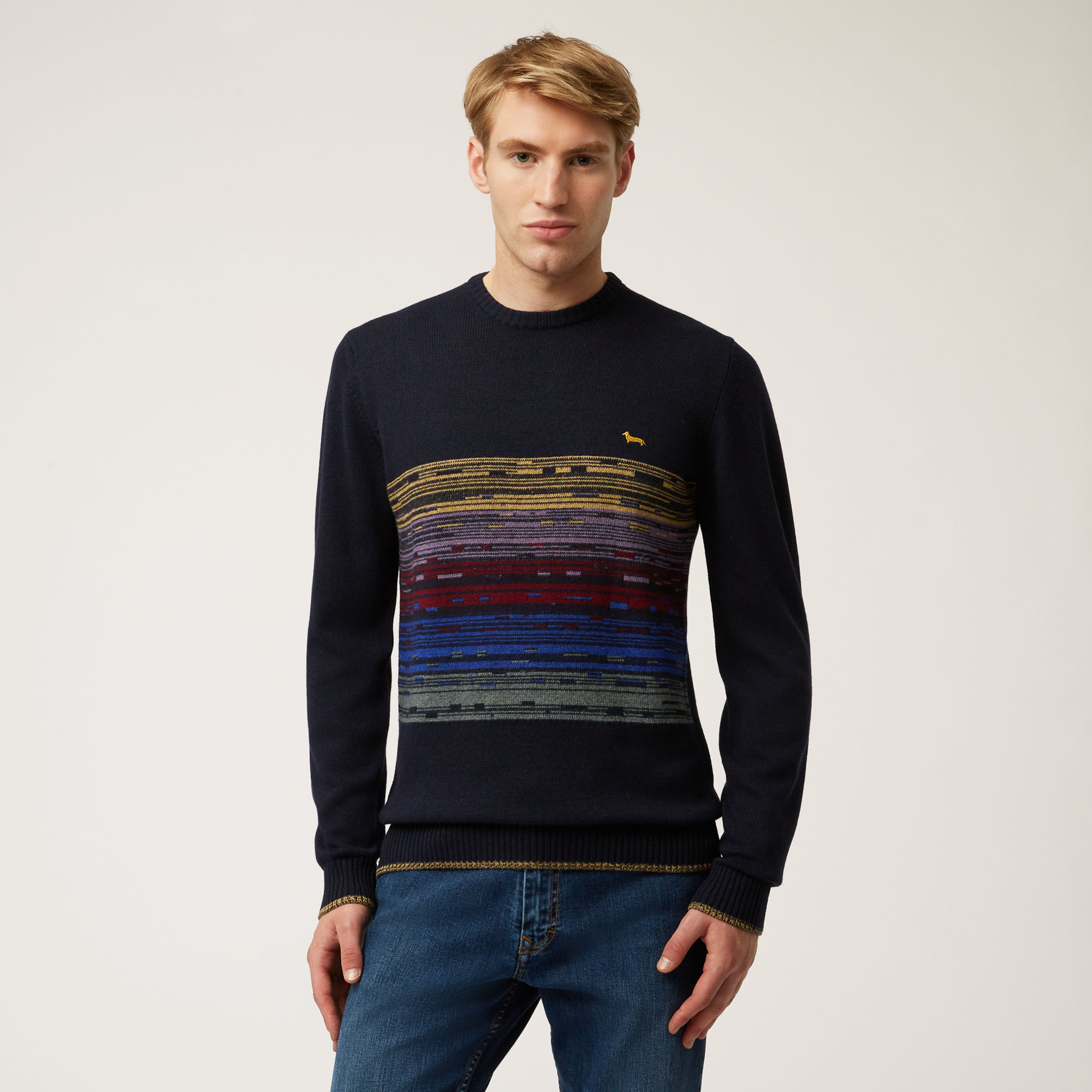 Staggered-Stripe Crew-Neck Pullover, Blue, large image number 0