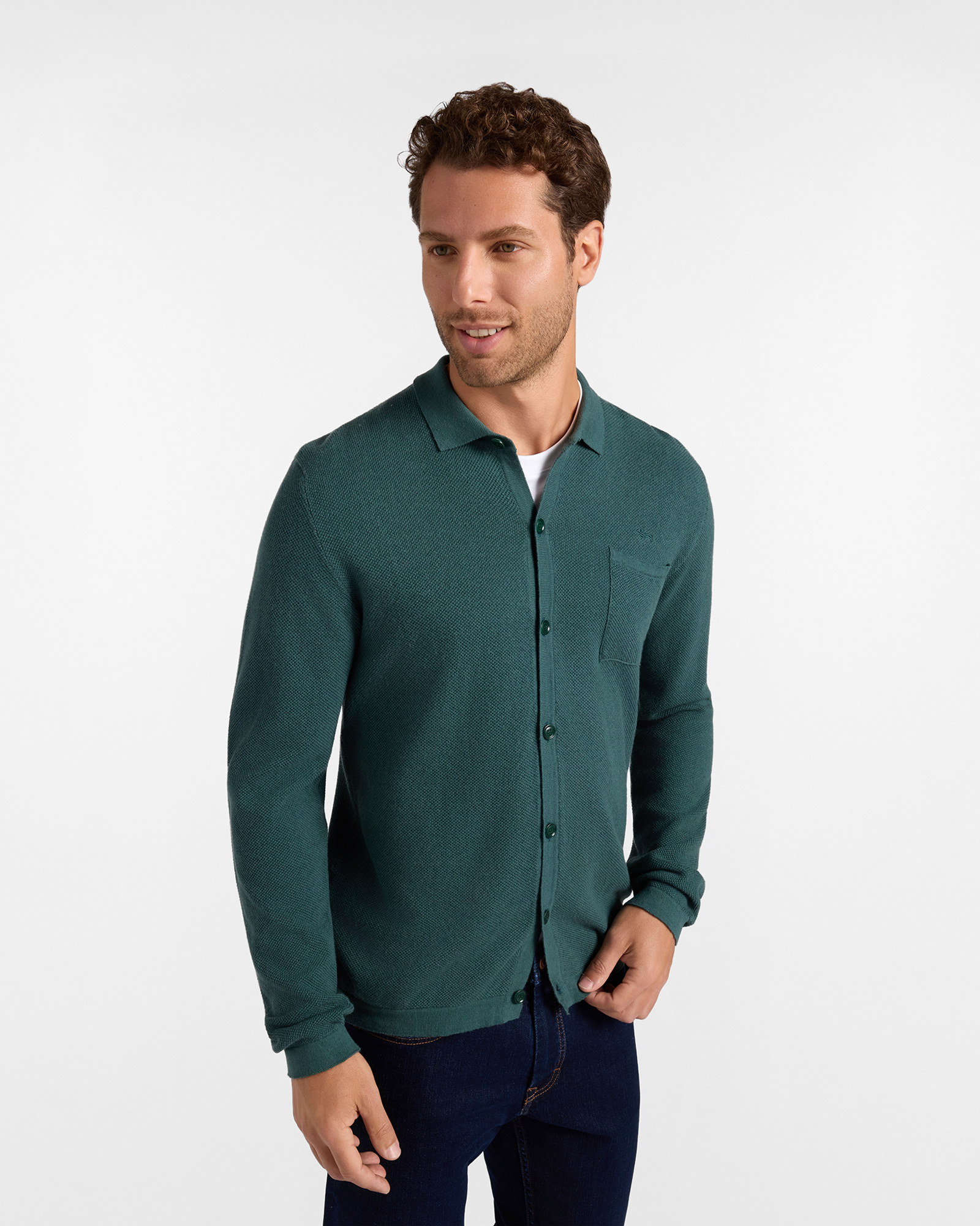 Men's Made in Italy buttoned polo shirt collar sweater in green wool and cotton blend with regular fit