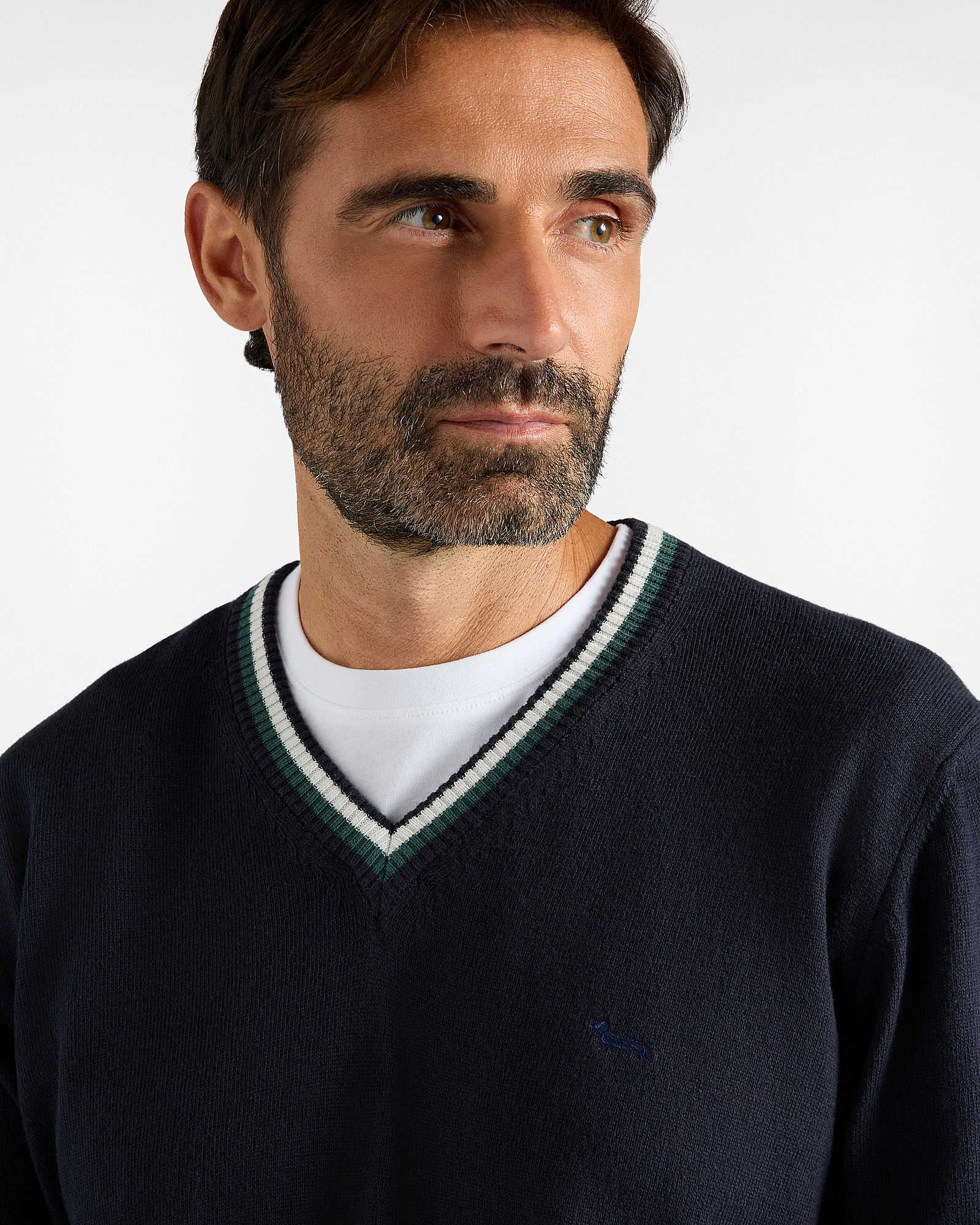 V-NECK WITH ARGYLE PATCHES ON ELBOWS, NAVY BLUE, large image number 2