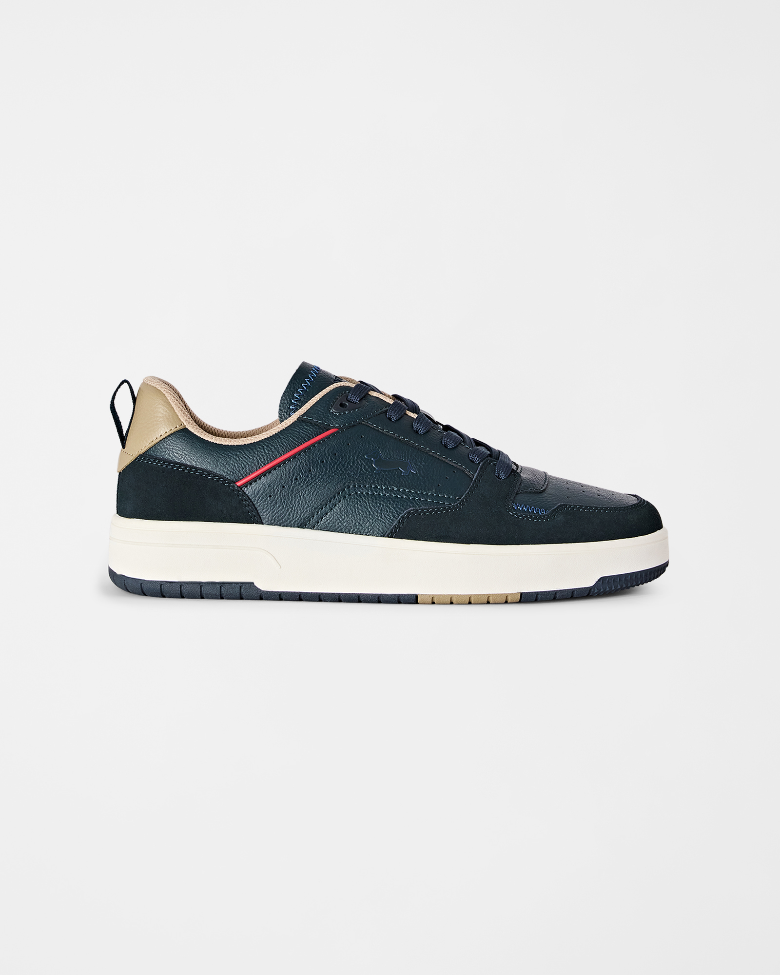 Men's basketball-style sneakers in genuine leather and dark blue suede