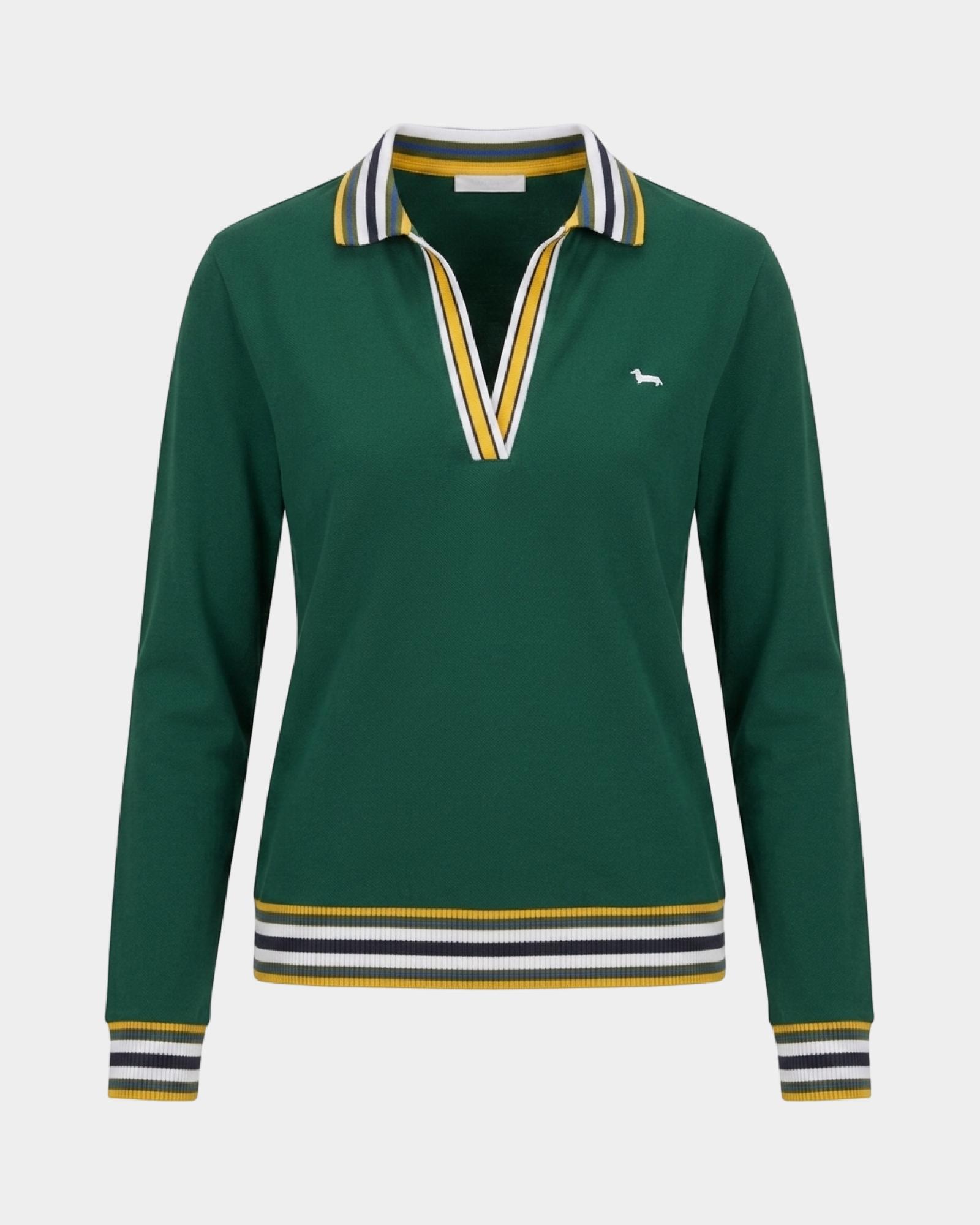 Women's long-sleeve stretch cotton polo shirt with V-neck, GREEN, large