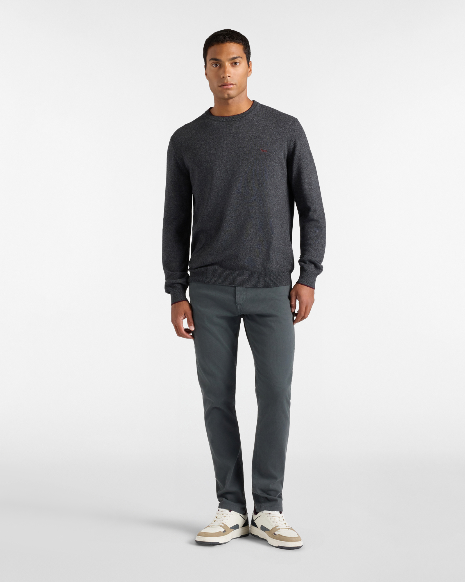 Men's crewneck sweater with contrasting stripe in a gray wool and cashmere blend with regular fit, GRAY, large image number 2