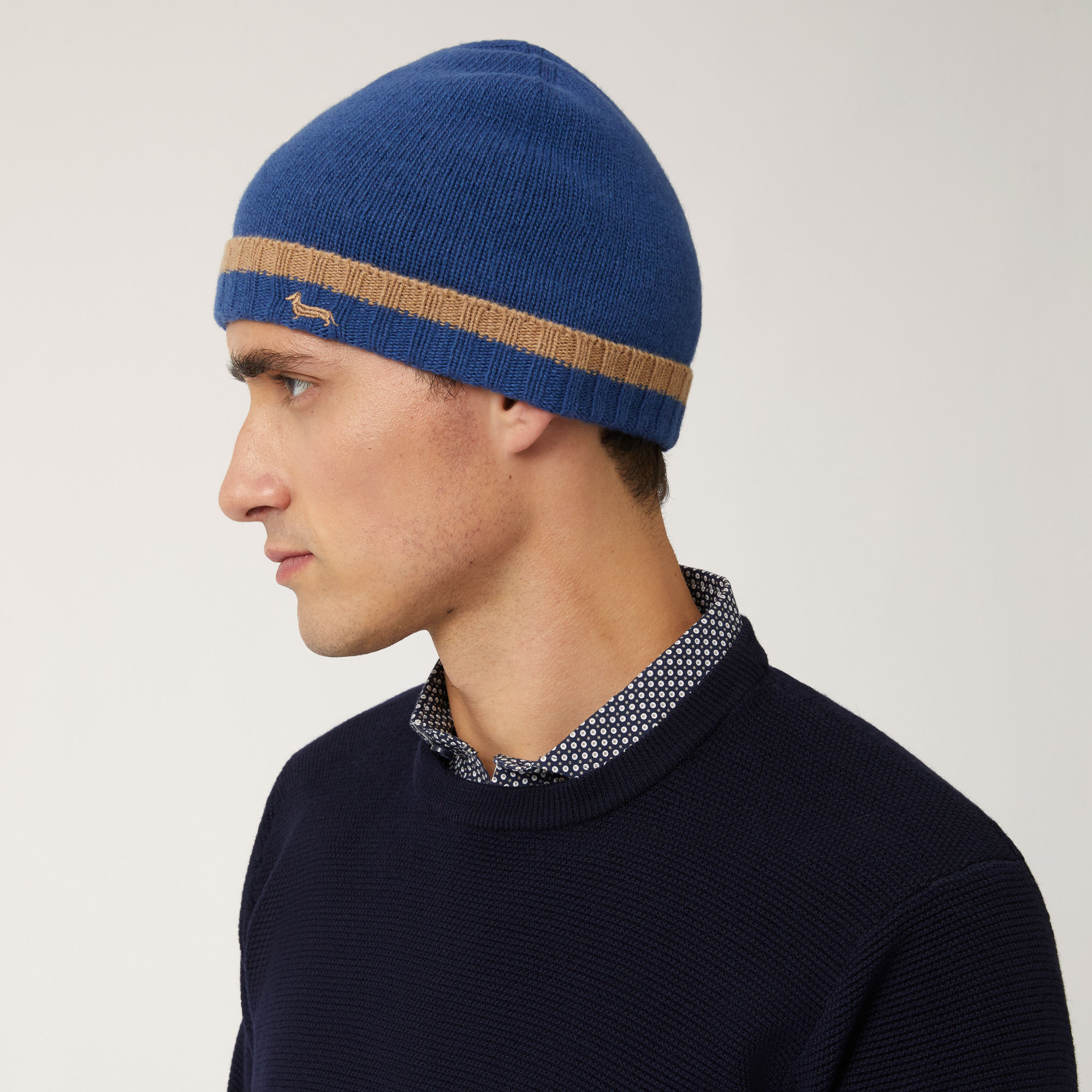 Berretto Corto In Misto Cashmere Con Ricamo Bassotto, Indaco Chiaro, large image number 2