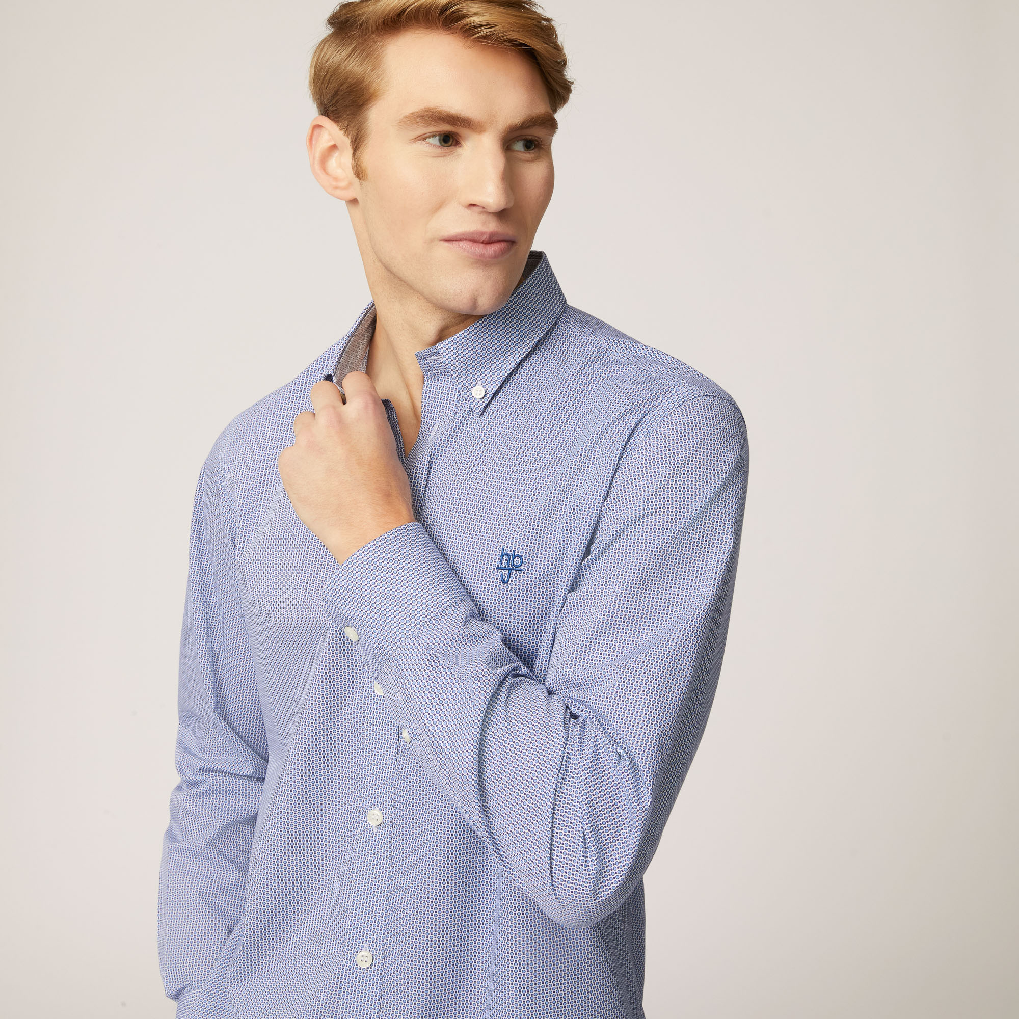 Camicia In Cotone Con Micro Motivo Geometrico All-Over, Blu Chiaro, large image number 2