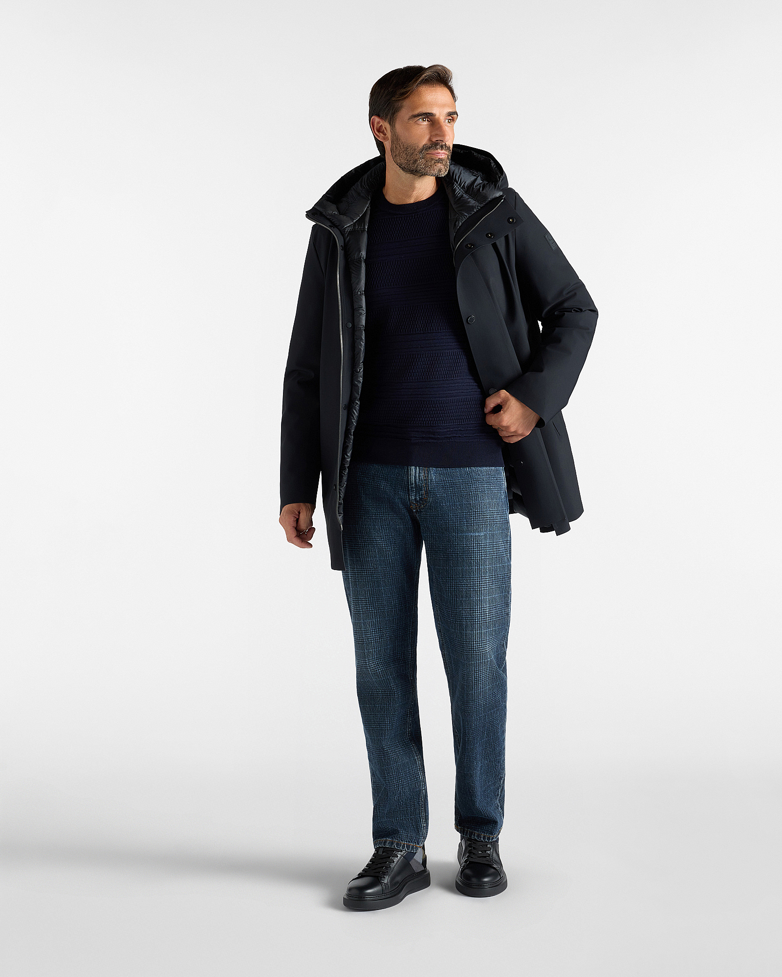 Men&rsquo;s technical trench coat with hood in black stretch nylon, BLACK, large