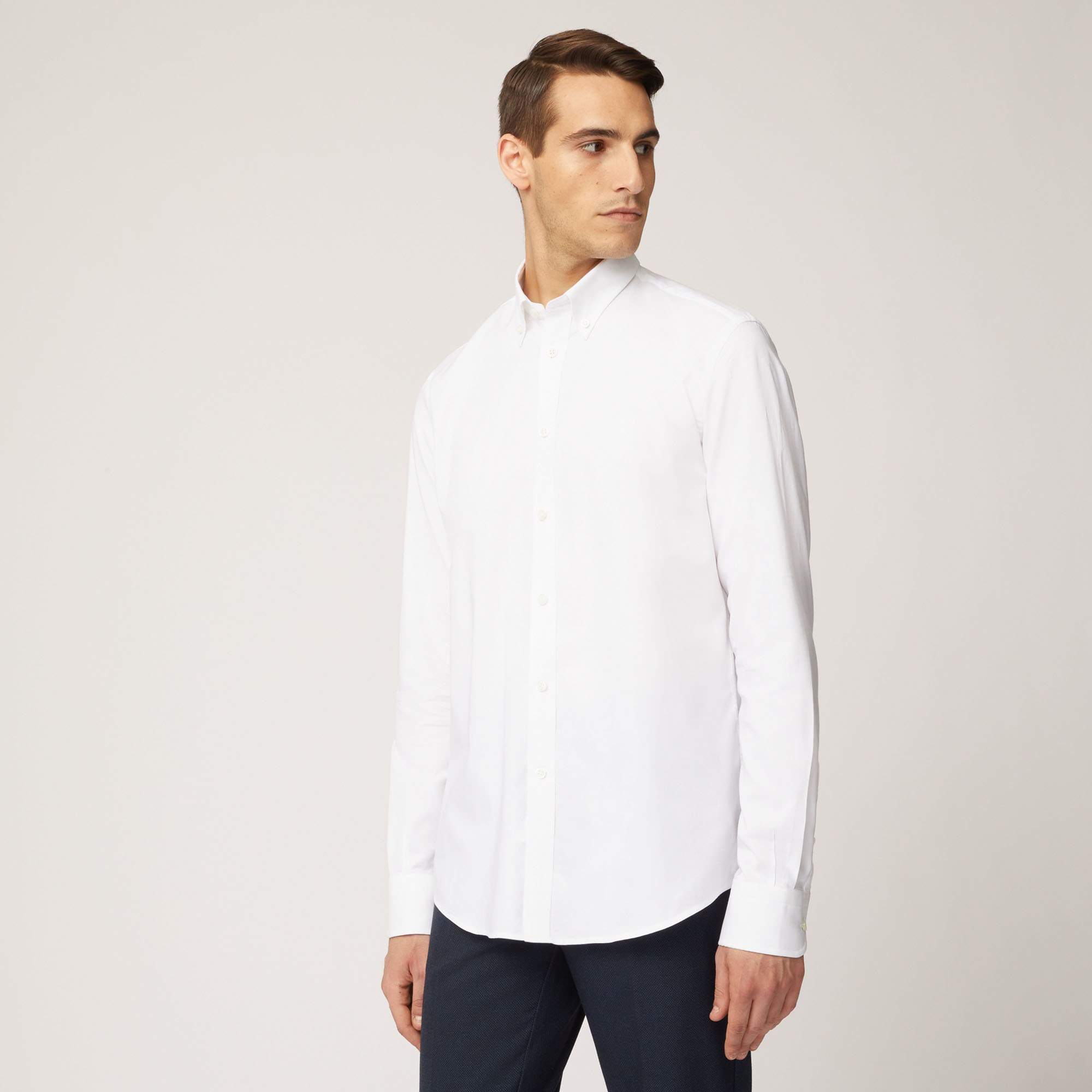 Camicia In Cotone Con Collo Con Bottoncini, Bianco, large