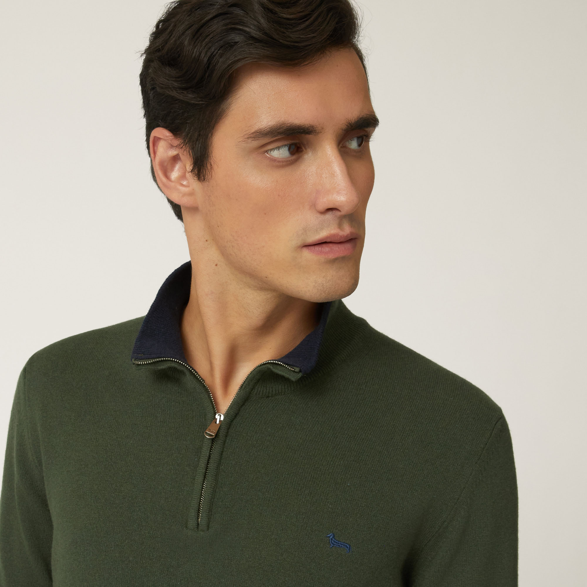 Pullover Girocollo Half Zip In Misto Lana, Verde Petrolio, large image number 2