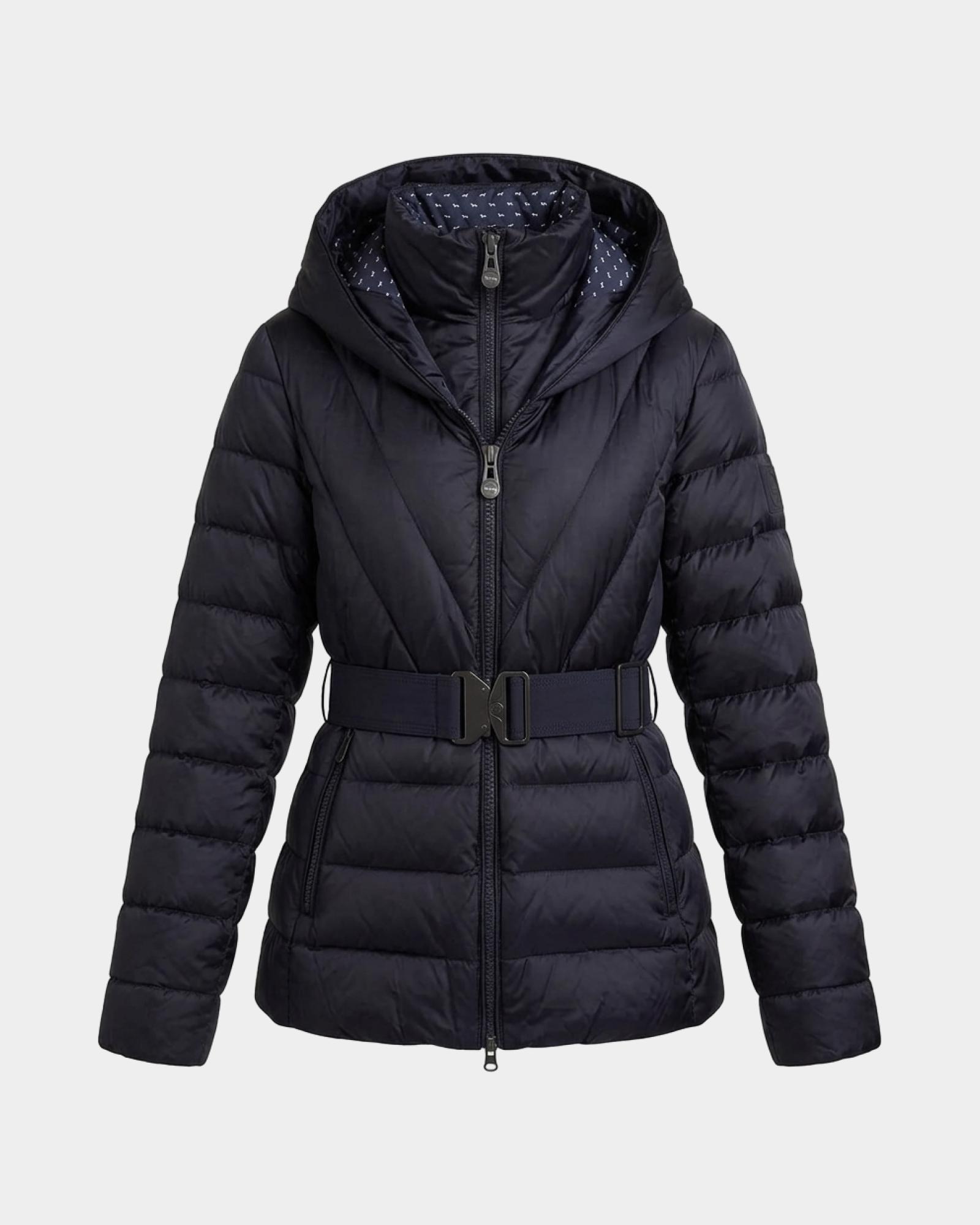 Women&rsquo;s down jacket with double collar and hood in technical nylon, BLUE, large