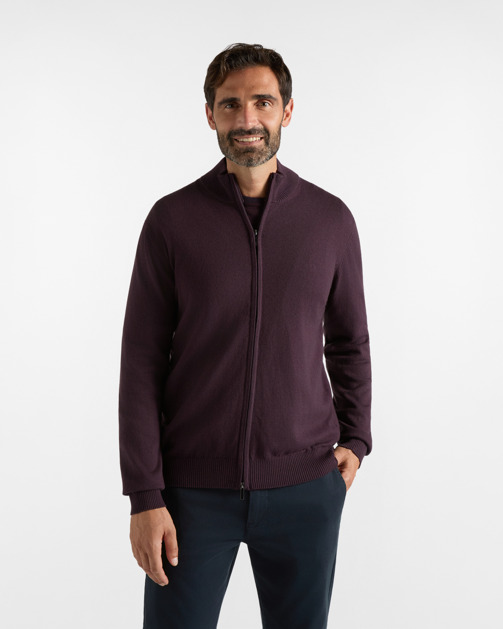 Maglia HBJ Uomo Full Zip in Misto Lana e Cashmere, PRUGNA, large