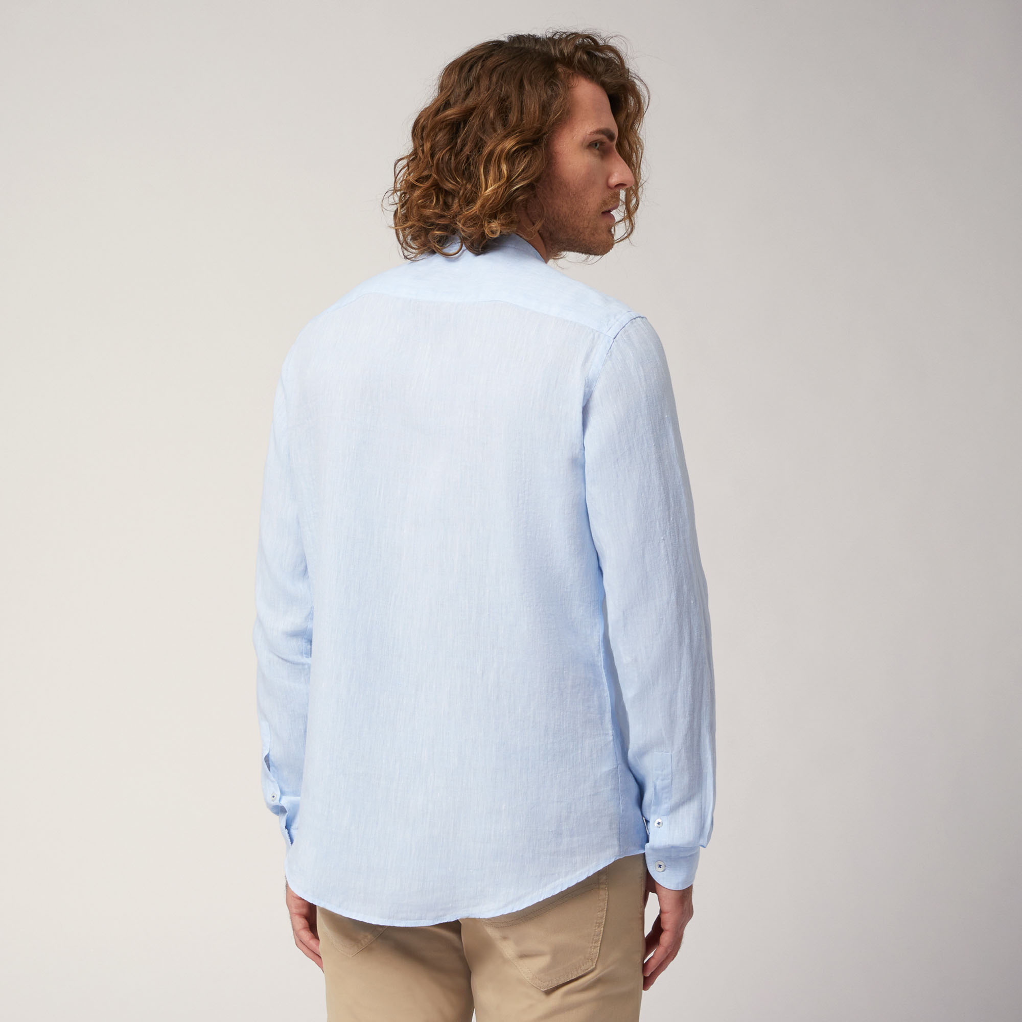 Linen Shirt with Mandarin Collar and Breast Pocket, Sky Blue, large image number 1