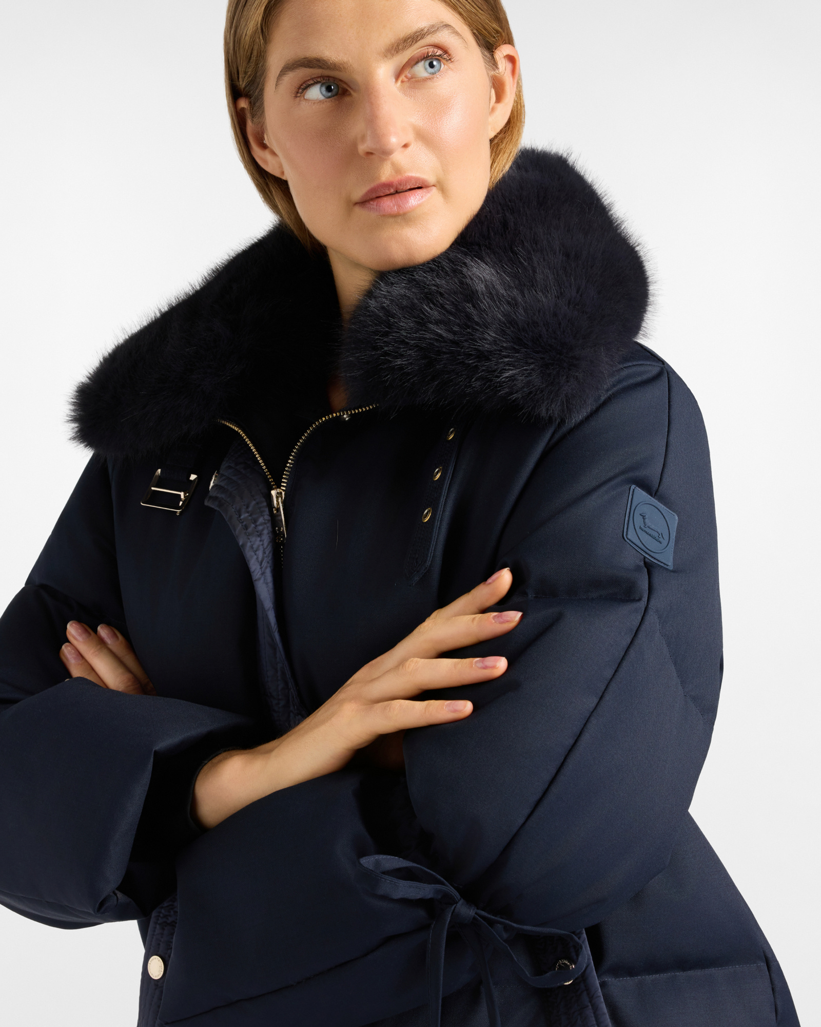 Women&rsquo;s oversized technical wool down jacket in with down filling, NAVY BLUE, large