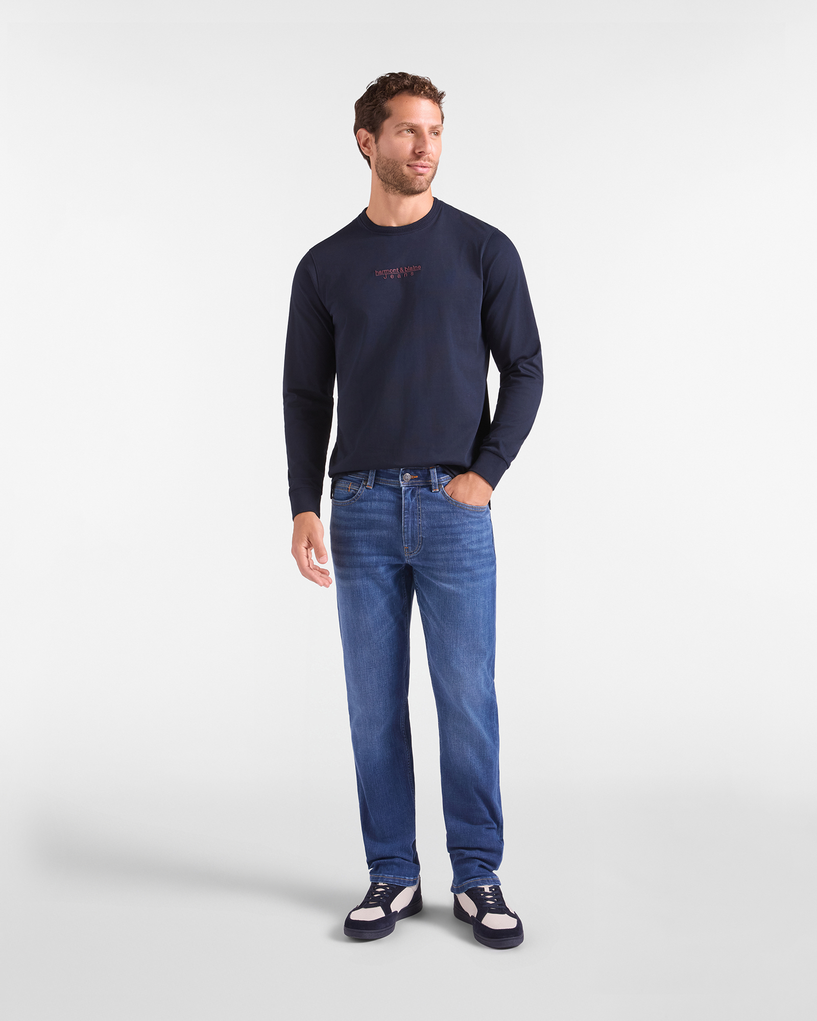 T-shirt HBJ Uomo a Manica Lunga in Puro Cotone, BLU SCURO, large